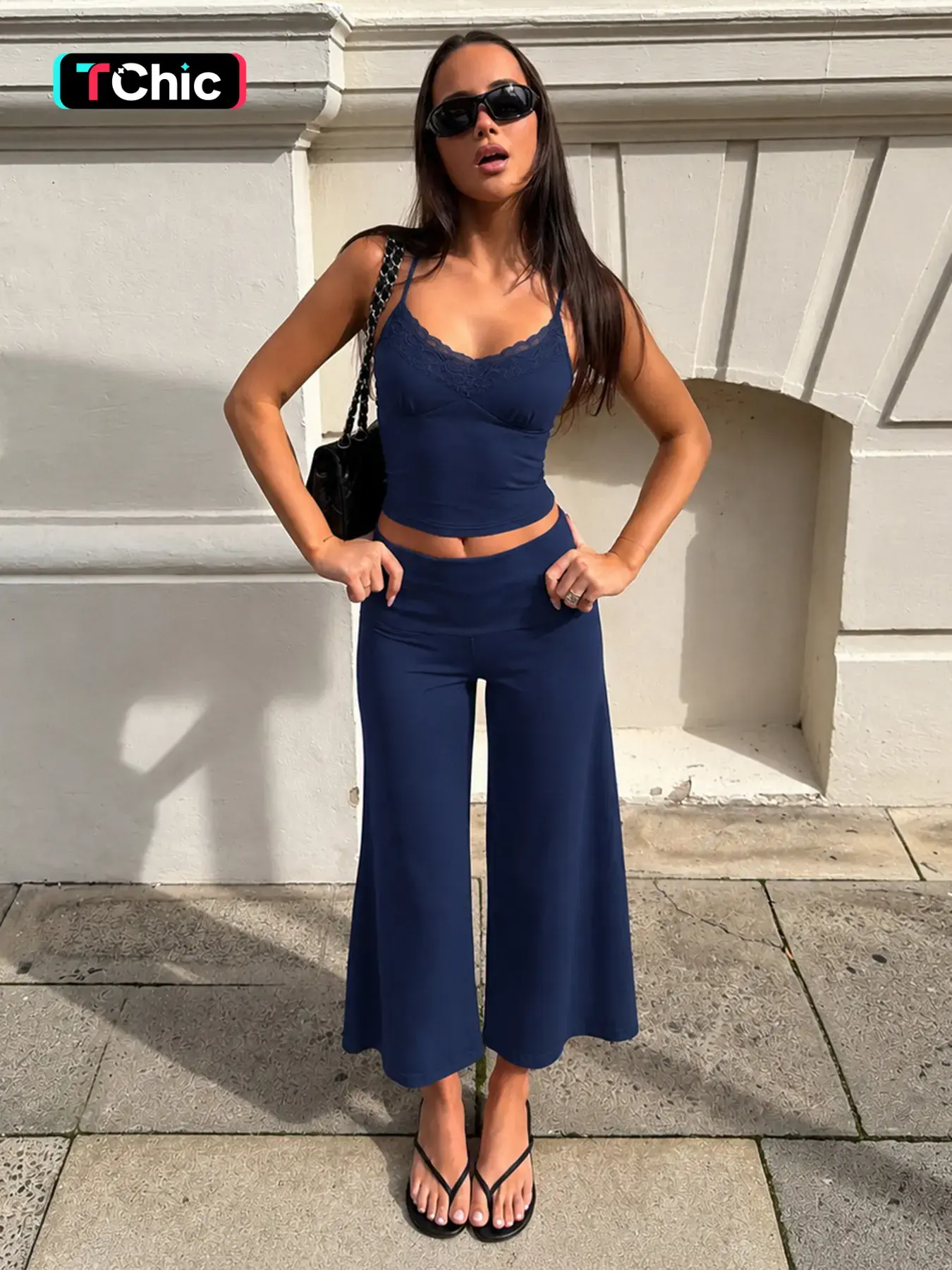 Blue Fashion Lace Patchwork Crop Top Set, Low Waist Cropped Pants, Elegant Summer Street Style, Women's Two-Piece