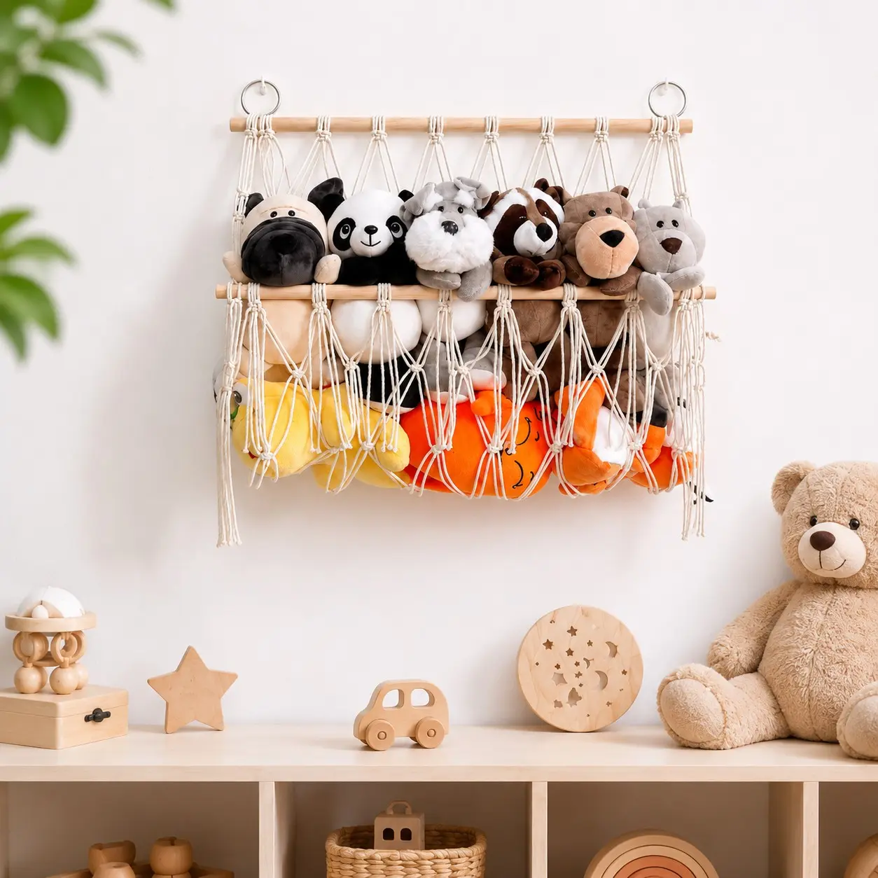 Macrame Stuffed Animal Storage Hammock, 50 X 50 Cm Wall Hanging Toy Organizer, Includes Wooden Rods, 1 Piece