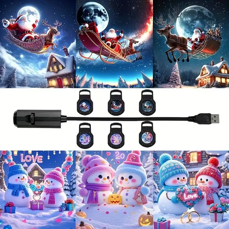 1PC USB Light Projector With 6 Christmas Patterns, Featuring Six Interchangeable Light Effects. This Plug-And-Play Ambiance Light Is Suitable For Ceiling And Wall Background Decoration, Offering 360° Rotation For Festive Projections