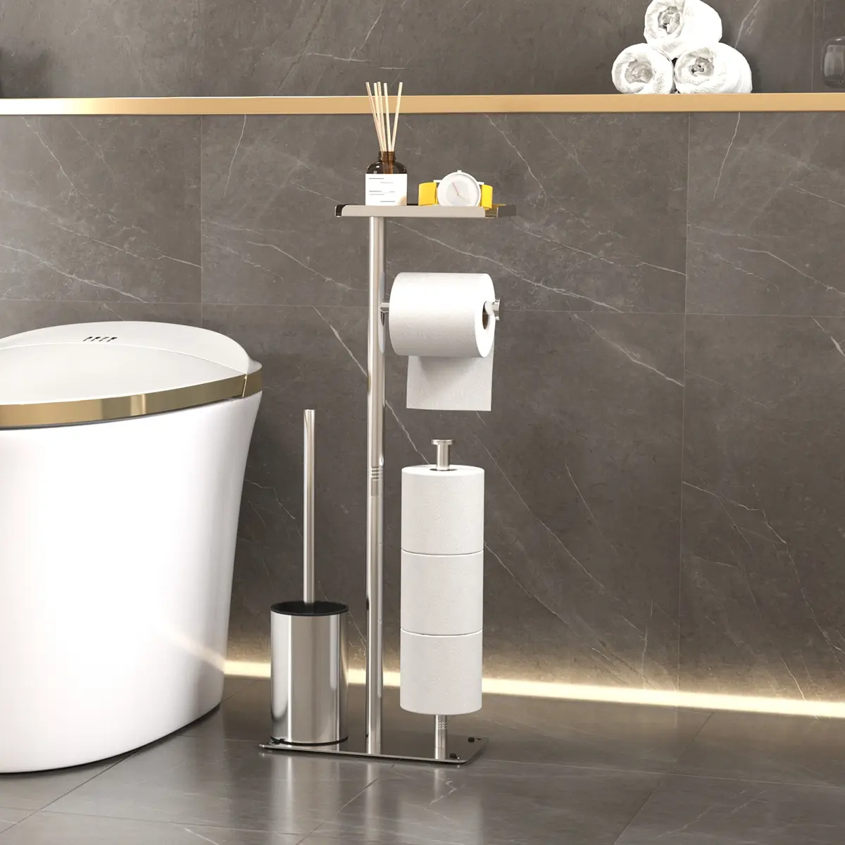 Modern Bathroom Paper Towel Holder, Floor-Standing Roll Holder, Reinforced Base, Multi-Functional Toilet Brush Rack, Contemporary Design, Bath Accessories, Modern Bathroom Accessory