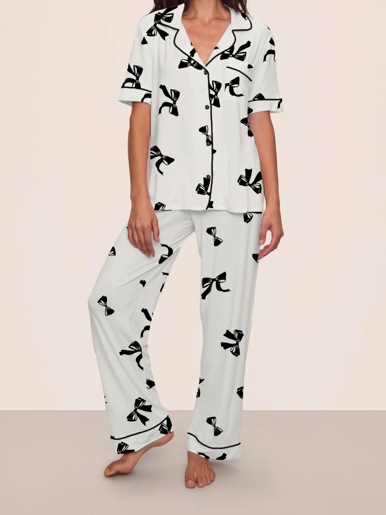 Women's Leopard Print Fitted Pajama Set with Bow Tie, Short Sleeve Shirt and Long Pants for All Seasons, Comfortable Casual Sleepwear