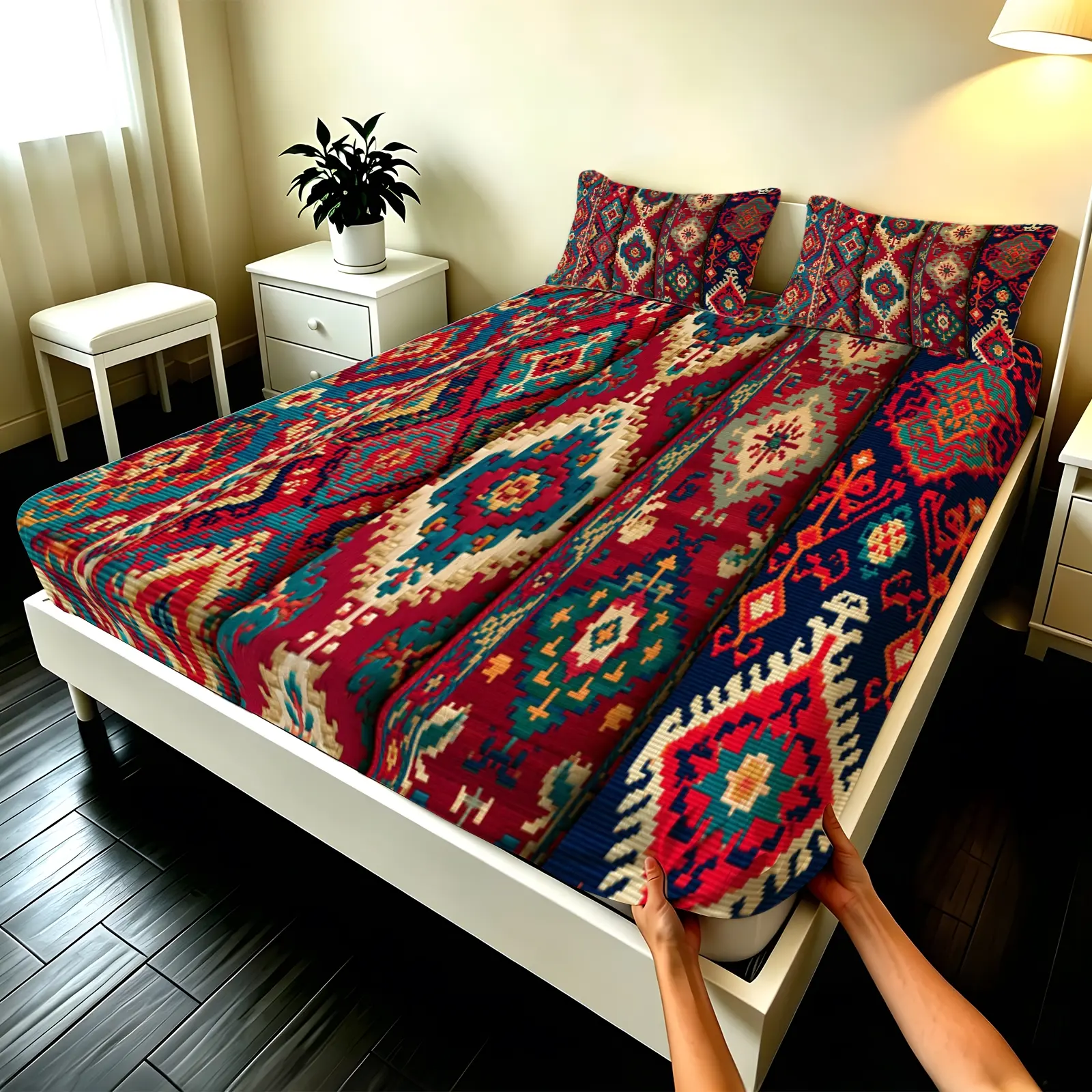 3pcs Fitted Sheet Vintage Bohemian Kilim Tribal Geometric Pattern Bedding Set, Bed Sheet Sets, Soft Microfiber Fitted Sheet & 2 Pillowcases Set, Wrinkle Resistant Fade Proof Breathable Bed Covers, Fit for Full Queen King Size, Bedroom