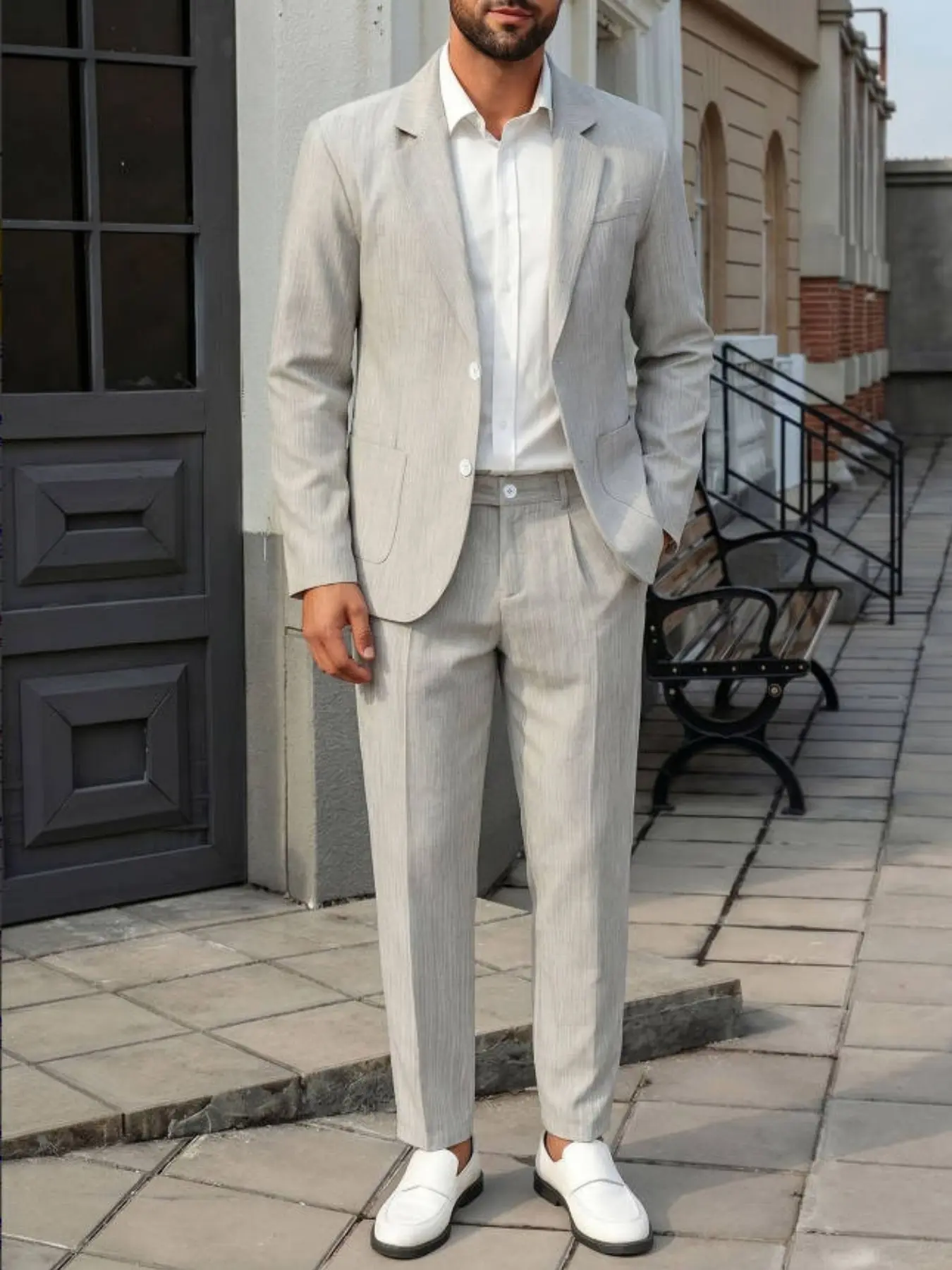 Men's Lightweight Striped Suit Set, Breathable Fabric for Summer, Perfect for Office, Dining, Business Events, Comfortable and Stylish