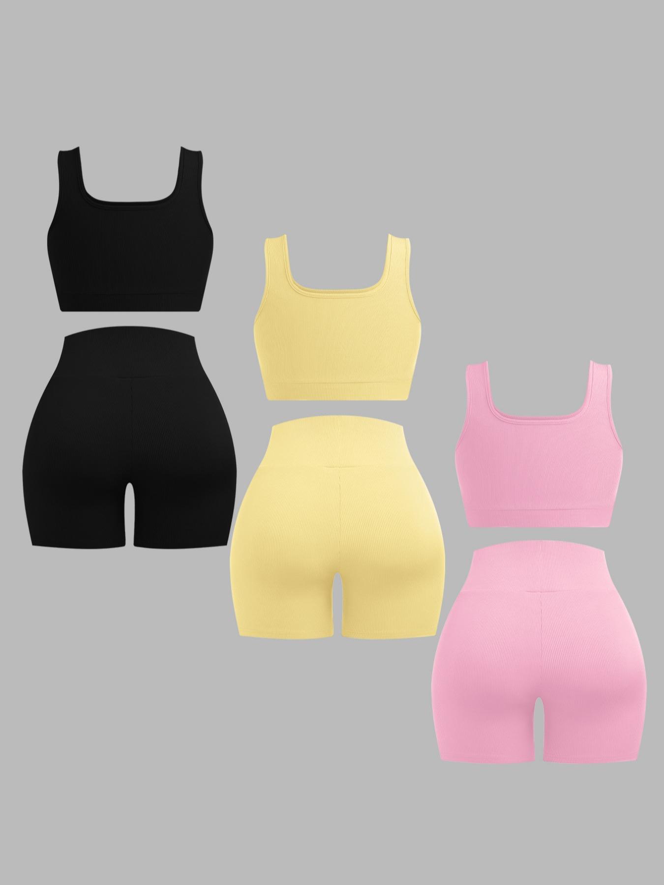 Women's Solid Crop Tank Top & High Waist Shorts Ribbed Set, Casual Sleeveless Square Neck Crop Top & Skinny Shorts, Ladies Summer Outfits 2024 for Daily Wear Workout Set, Athleisure Wear Set