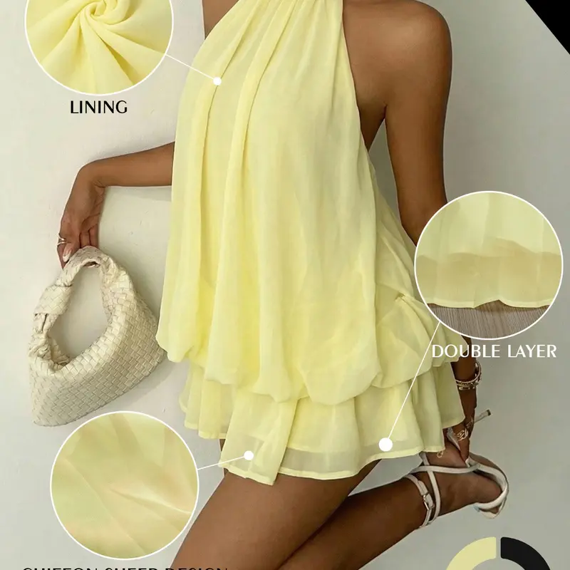 Women's Summer Fashion Everyday Party Halterneck Lace-up Short Mini Dress Home Outdoor City Slim Trend Casual Elegant Youth Simple Versatile Texture Temperament Natural Literary Art
