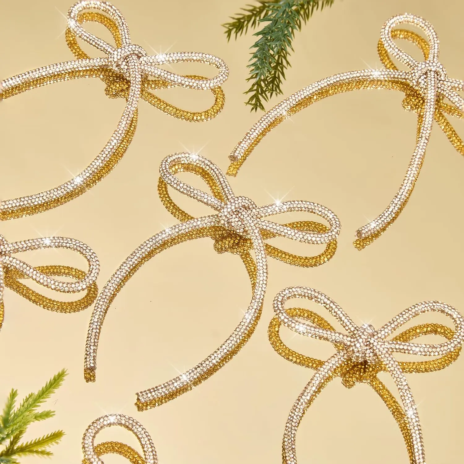 6 count 2026 Christmas Bows Ornaments, Champagne  Sparkly Glitter Rhinestone Bow Ornaments with Twist Tie for Xmas Tree Decoration, Wreath, Garland,  Wrapping