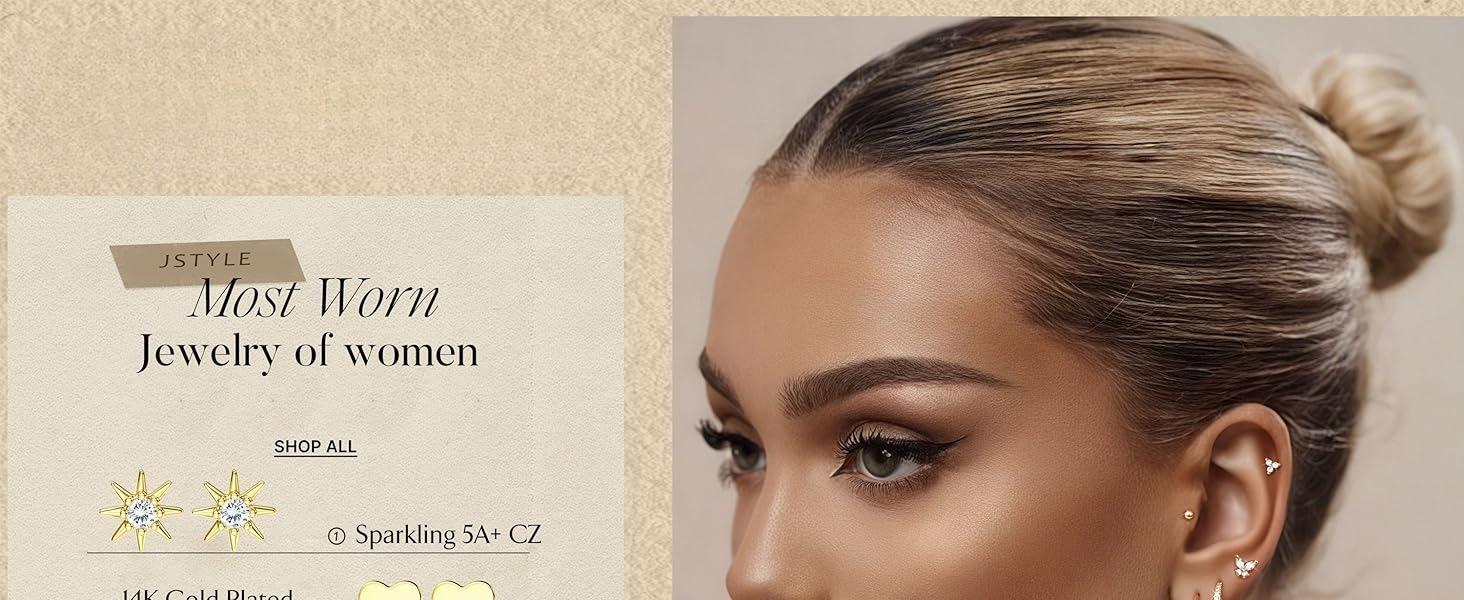 CASSIECA 10Pairs Earrings 14K Gold Plated Earrings for Women Hypoallergenic Surgical Steel Earrings Sensitive Ears Silver Flat Back Cartilage  Stacks with Charms for Multiple Piercing Jewelry