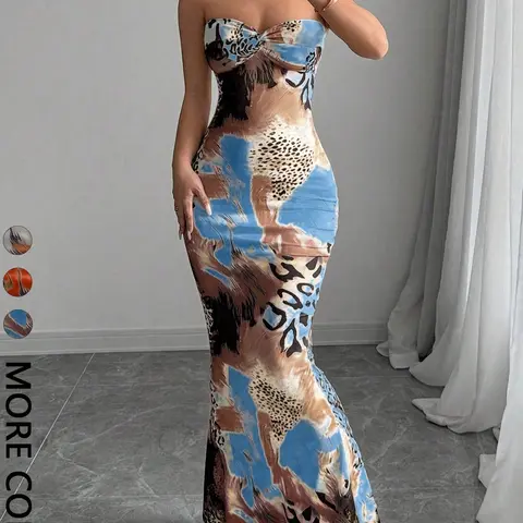Women's Leopard-Print Dress with Sleeveless Ruched Bust and Fishtail Skirt, Long Party Gown, Elegant Animal-Print Evening Dress, Chic, Evening Party Dresses, Evening Formal Wear, Dress Up Gown