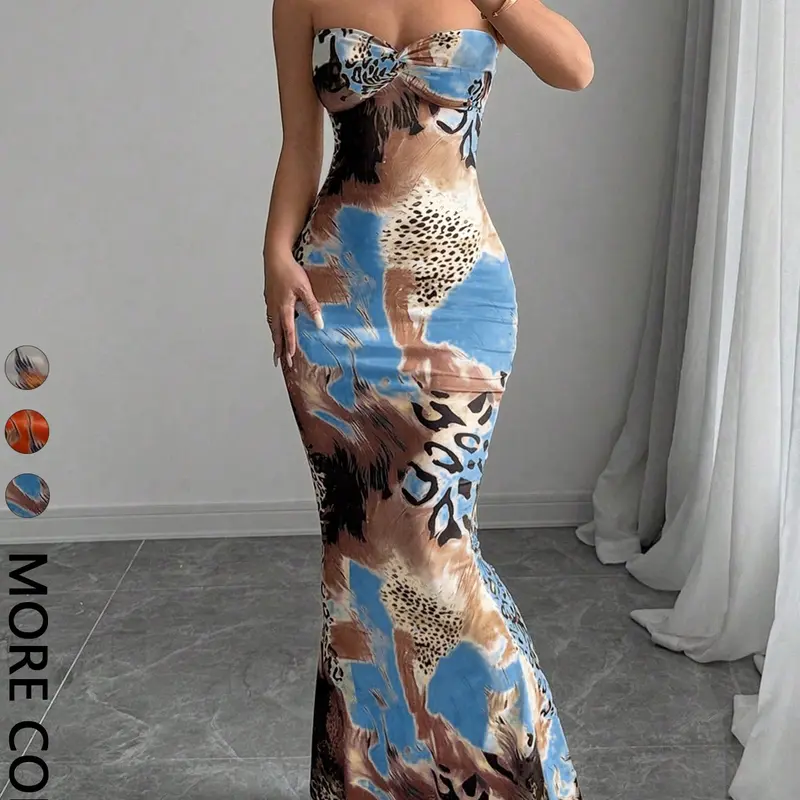 Women's Leopard-Print Dress with Sleeveless Ruched Bust and Fishtail Skirt, Long Party Gown, Elegant Animal-Print Evening Dress, Chic, Evening Party Dresses, Evening Formal Wear, Dress Up Gown
