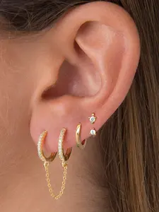 3Pcs Delightful 24K Gold Plated Cubic Zirconia Double Hoop Chain Earrings Set For Women Smooth Earrings Pack Stud Earrings Stack