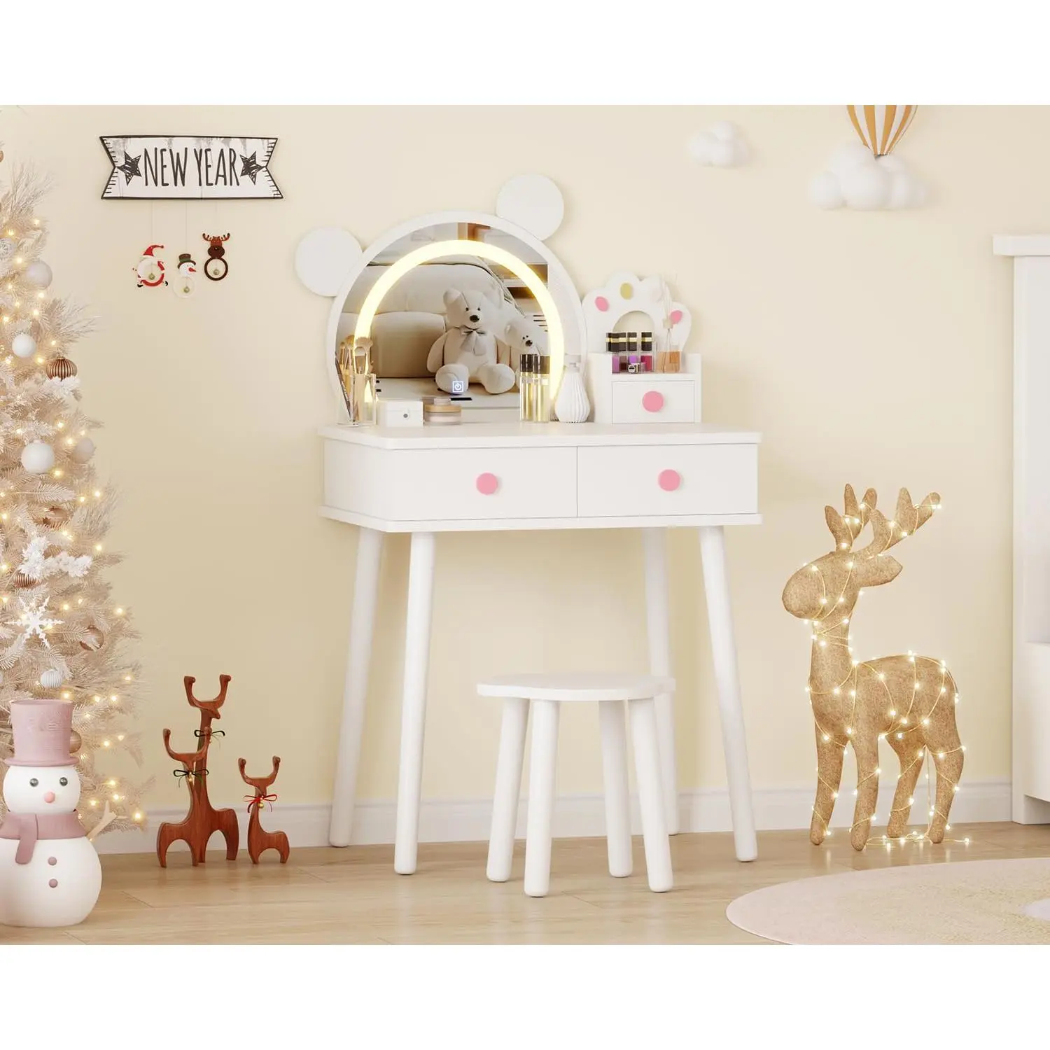 Bear-Shaped LED Vanity Table Set for Kids – Wooden Pretend Play Makeup Desk with Lighted Mirror, Storage Drawers, Stool – Princess Dressing Table for Girls Bedroom