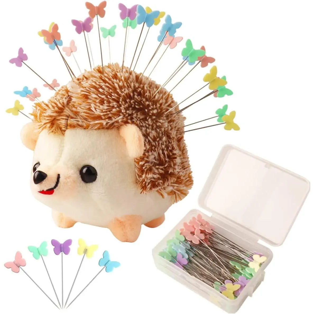 CICILIAYA Hedgehog Shape Pin Cushion, Cute Pincushions Sewing Kit Lovely  Cushions Pins Holder Sewing Accessories Supplies with 100 count Colored Butterfly Pins for Quilting DIY Crafts Patchwork