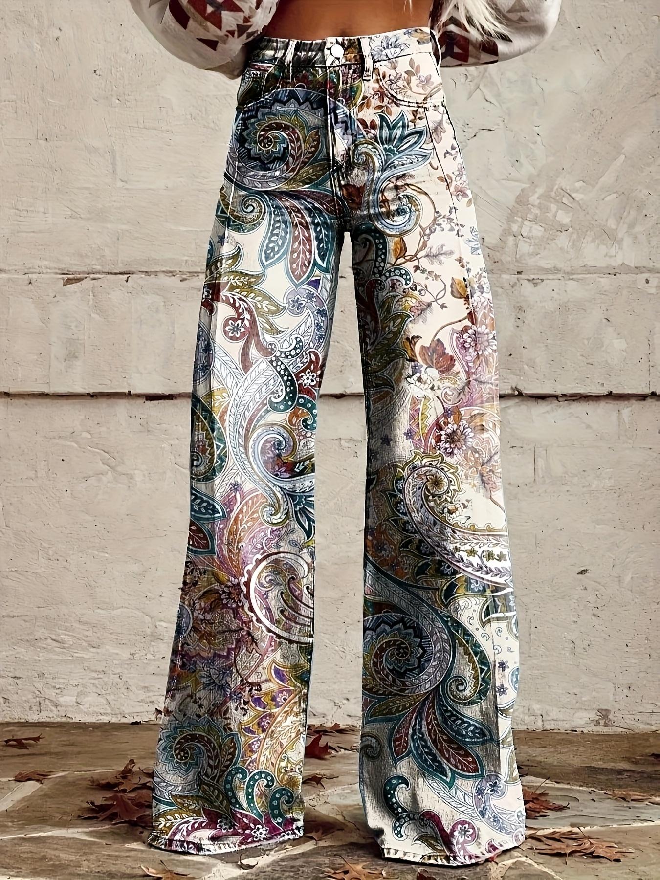 Women's Retro 3D Graffiti Sunflower and Blinds Imitation Jeans - Loose Mid-Waist Gradient Washed Denim Pants, Suitable for All Seasons, Machine Washable Retro Style