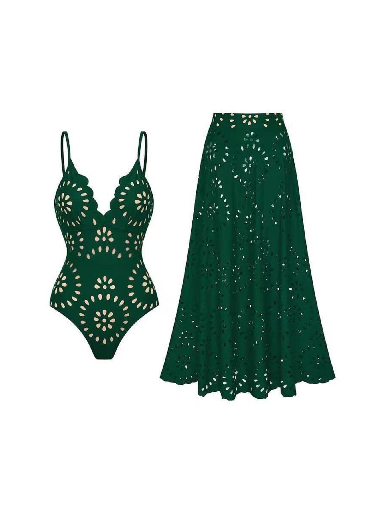 Women's Sexy Laser Cut Hollow Lace One-Piece Swimsuit Set, Slimming Beach Vacation Two-Piece Swimwear with Skirt, Casual Fitted Design