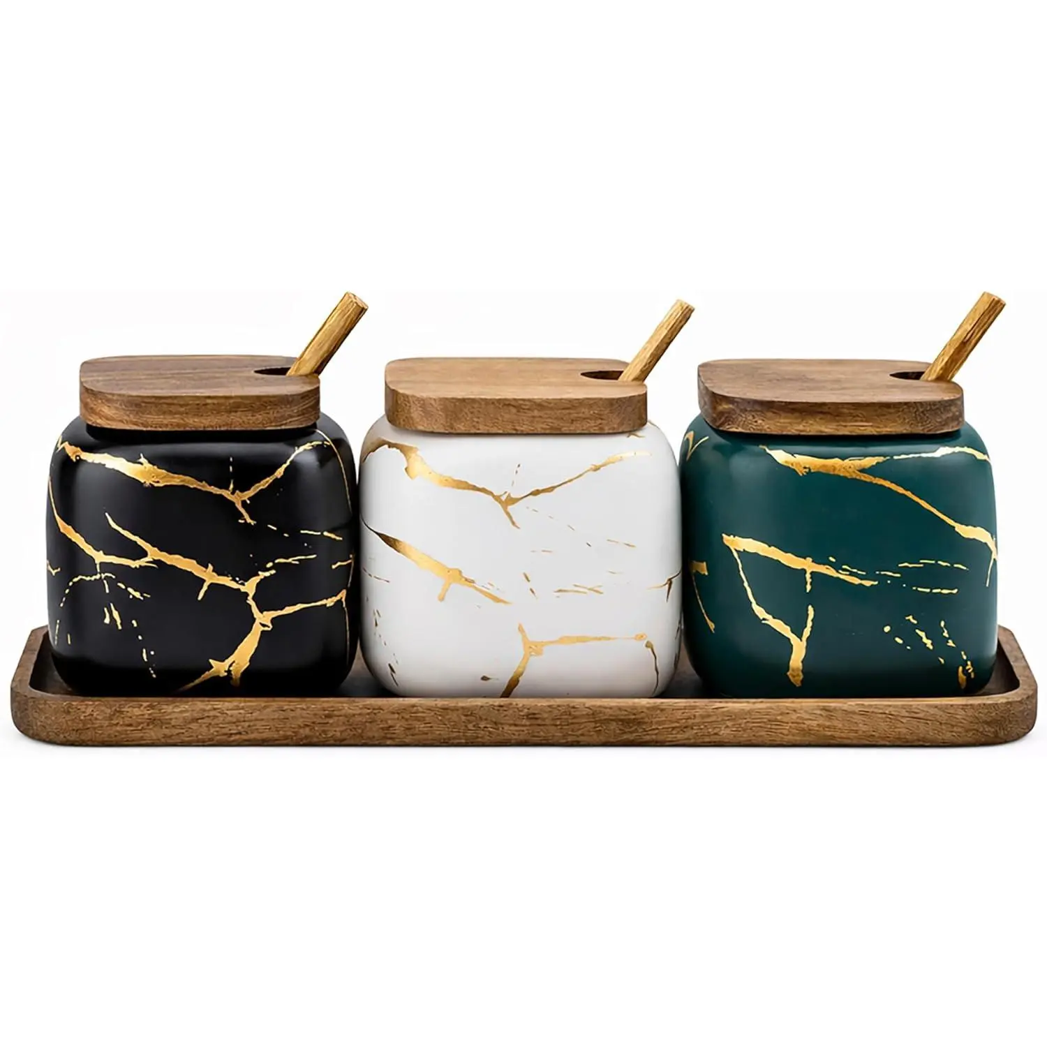 3pcs Mixed Color Ceramic Marble Spice Jars Porcelain Condiment Pots Seasoning Box for Kitchen Salt Sugar Pepper Storage