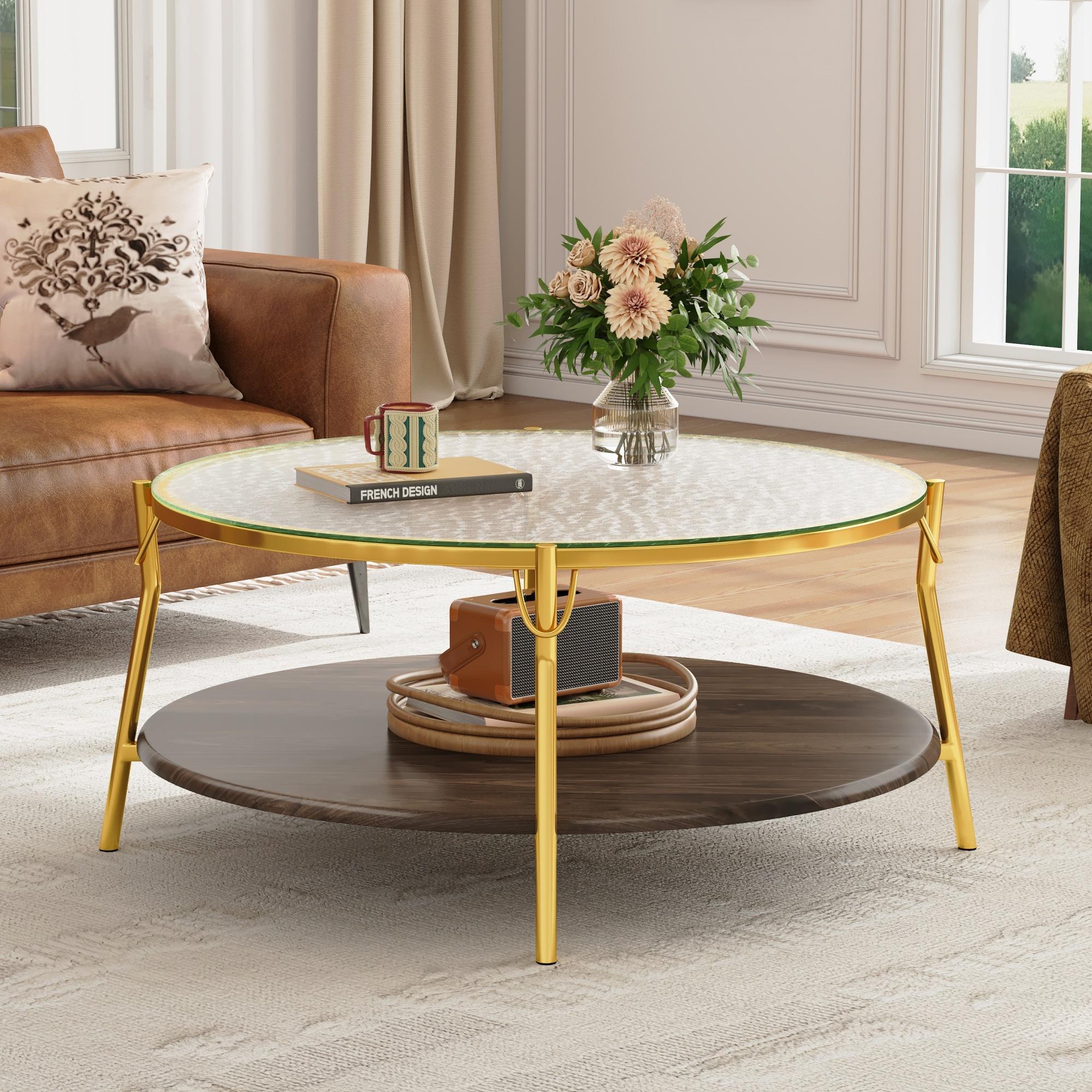 Modern Round Walnut 2-Tiered Coffee Table with Glass Top and Gold Base for Living Room, 29.9"