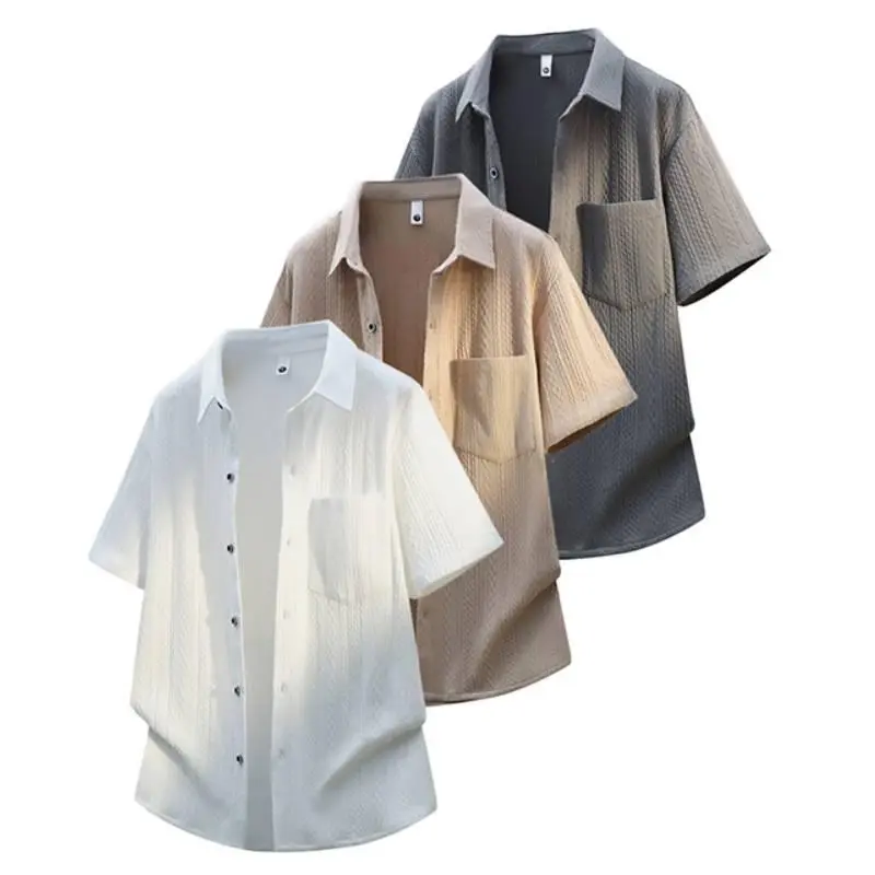 Men’s Cable Textured Lapel Short Sleeve Shirt, Solid Color Button Down Blouse with Chest Pocket, Loose Breathable Casual Outer Shirt for Summer Daily Street # SummerWins