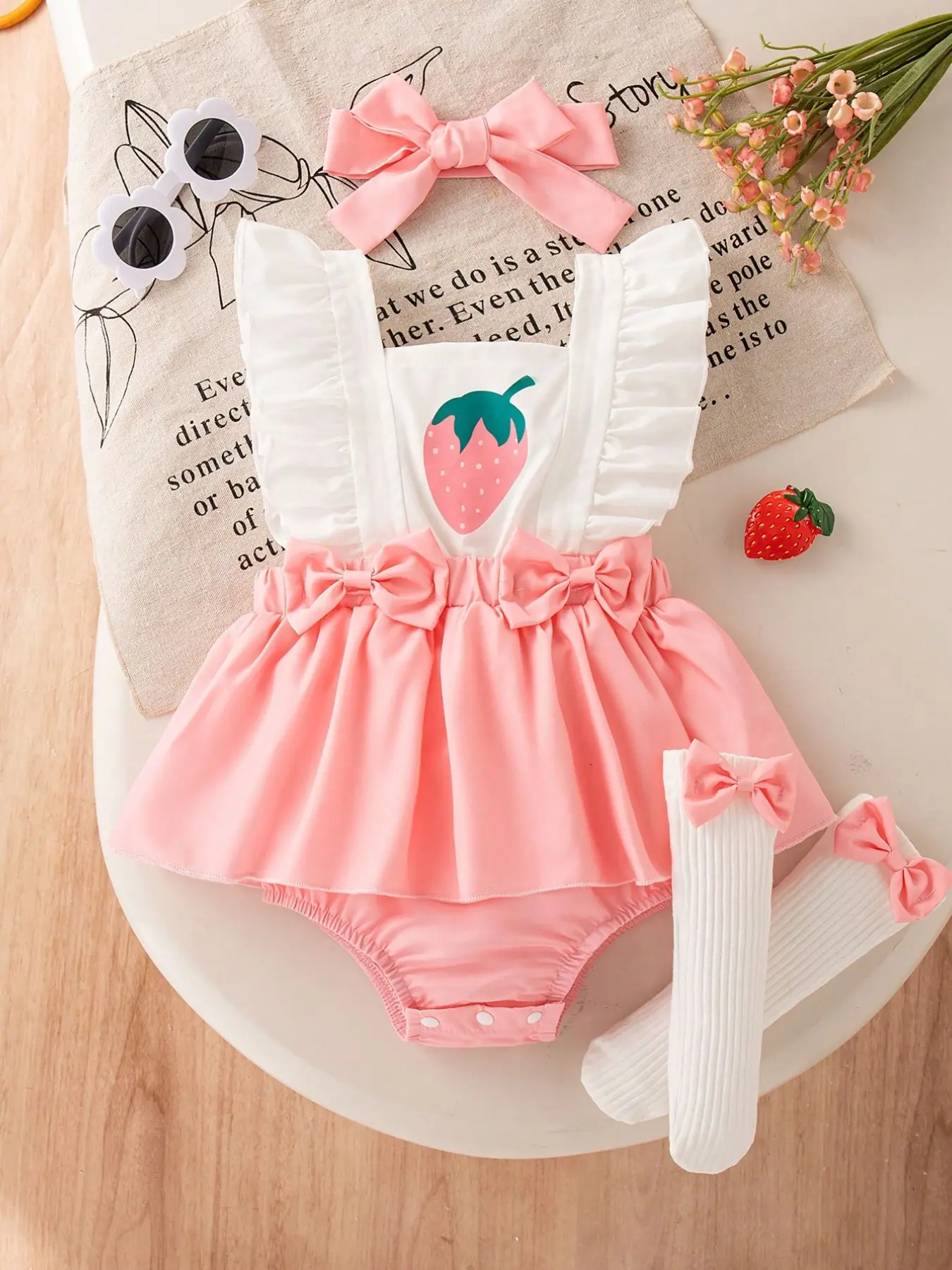 Sweet Newborn Onesie, Strawberry Bow Halter Dress Pants Burp Cloak, Baby Hundred Days Photo Set, Adorable Infant Clothing