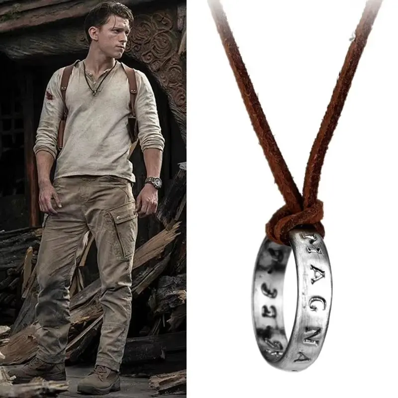 Uncharted 4 Nathan Drake Unisex Cosplay Collectibles Jewelry Set - Code-Engraved Leather Ring, Ancient Vintage Pendant Chain Necklace, Movie Game Costume Accessory Prop