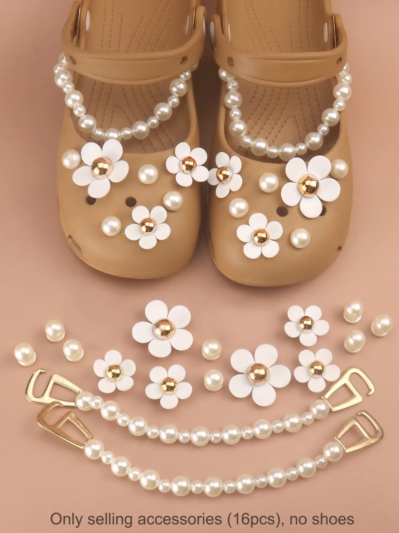 Artificial Pearl Flower Shoe Charms Set for Clog, Shoe Embellishment Set, Gold Center Daisy Charms with Pearl Chain, Bling Rhinestone Shoe Accessories, Removable Decorations for Women, Perfect for Daily Outfits, Easy to Install and Remove