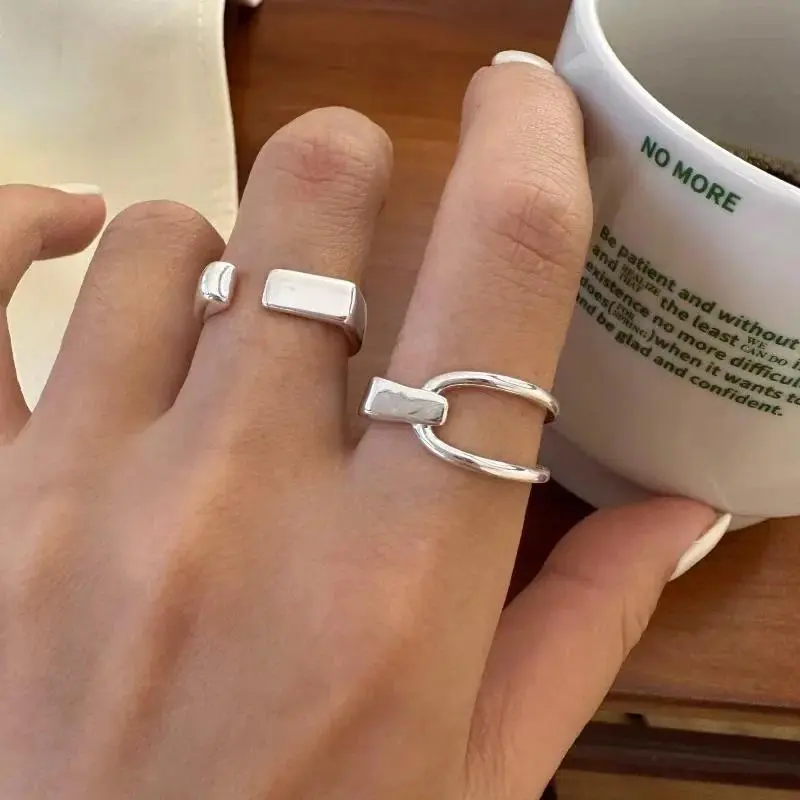 Sterling Silver Rings INS Fashion Hip Hop Vintage Couples Hollow Lines Punk Thai Silver Party Adjustable  Jewelry