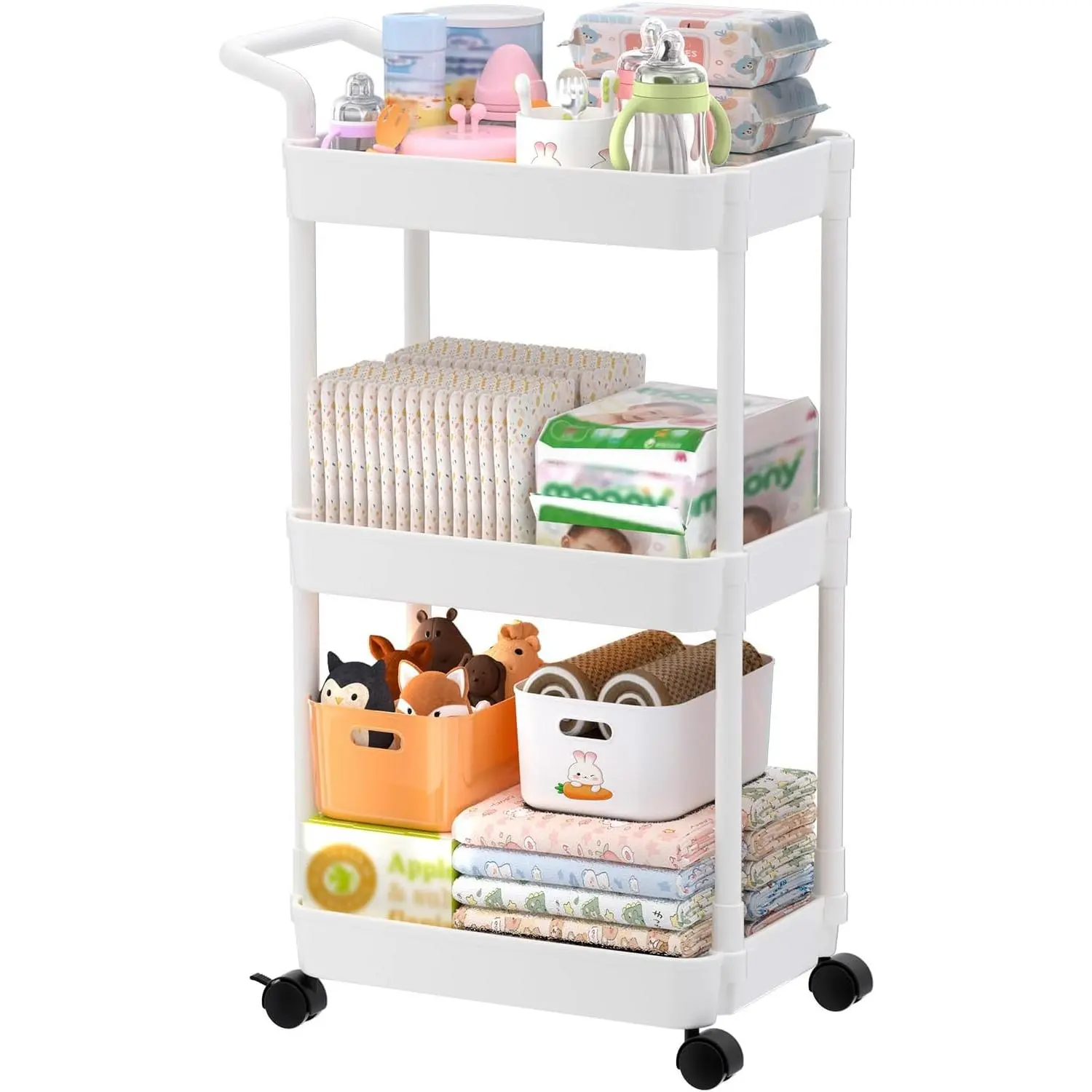Baby Diaper Caddy, Plastic Movable Cart for Newborn Nursery Essentials Diaper Storage Organizer for Changing Table & Crib, Easy to Assemble, Baby Registry, Off-White