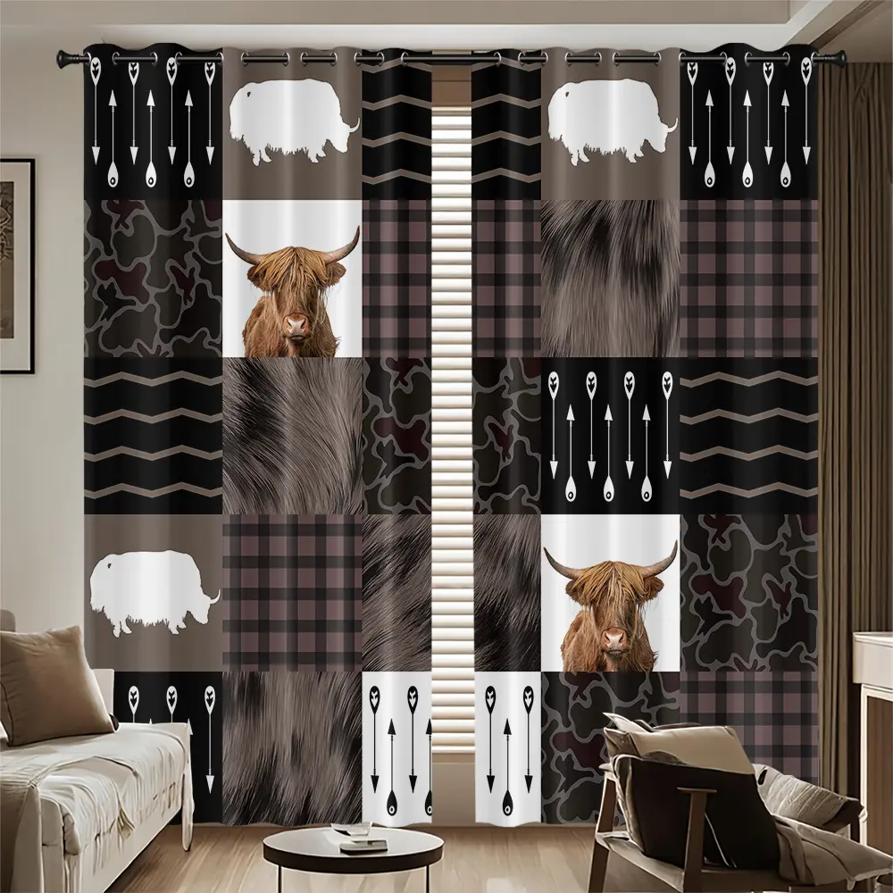 Highland Cow Arrow Print Blackout Curtains, Metal Grommet Top, Thermal Insulated, Noise Reducing & Privacy Protection, 2 Panels Window Drapes for Apartment, Living Room & Bedroom Decor