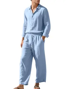 Men's Linen 2-Piece Set, Long Sleeve and Pants, Classic Collar Button Front, Drawstring Waist, Breathable Lightweight, Summer Travel