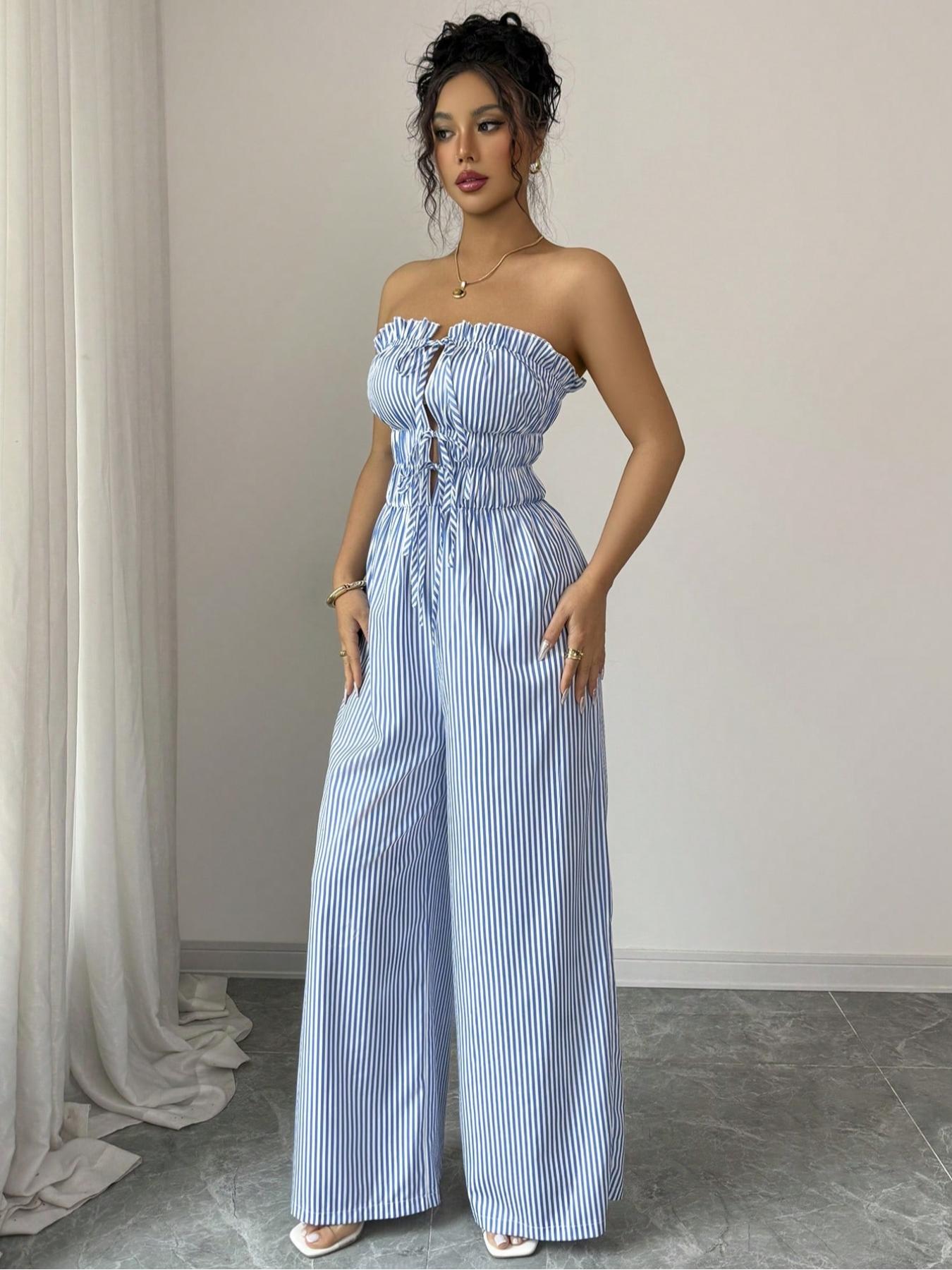 Women's Summer Casual Striped Bandeau Wide Leg Jumpsuit