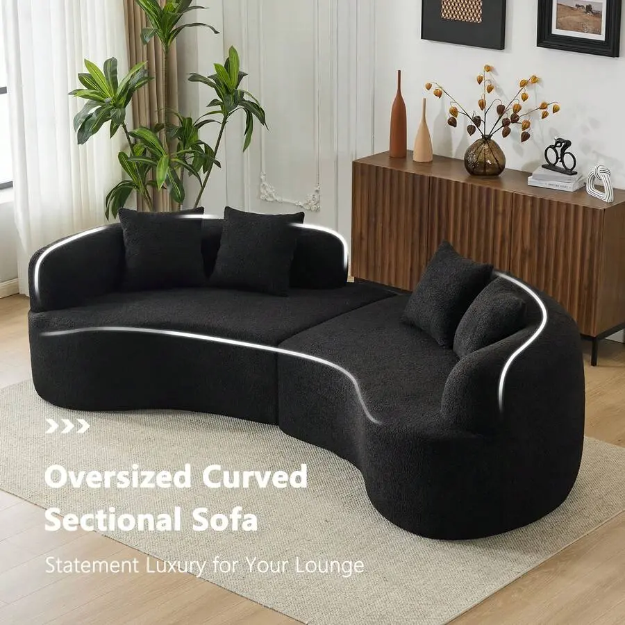 Curved Cloud Couch Sofa, 4 Seater Modern Teddy Velvet Sofa, No Assembly Full Sponge Compression Sofa, White Curved Sectional Couch Living Room, Apartment, Small Space, Luxury Minimalist Upholstered Sofa