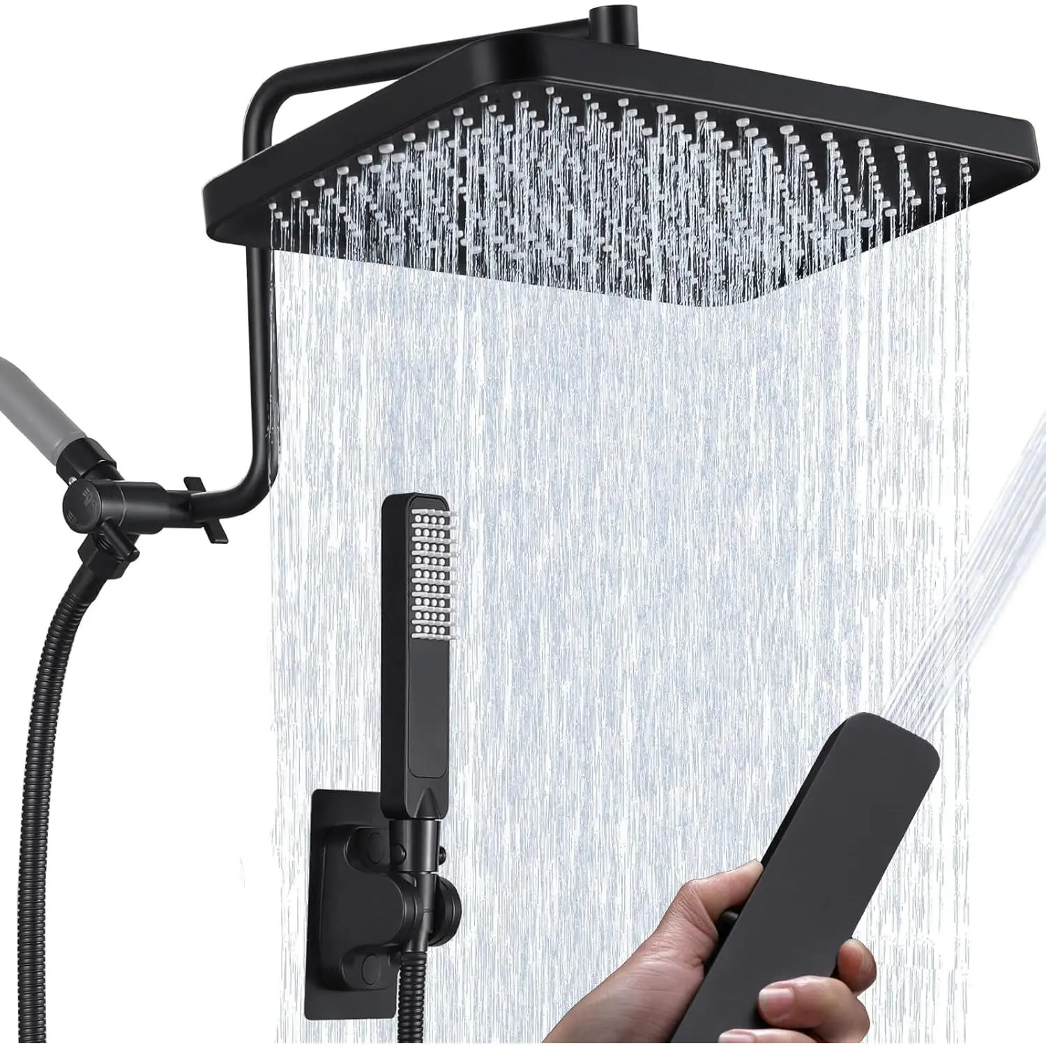 13" High  Rain Shower  with Handheld  Combo,  Rainfall Shower Heads, Waterfall Tandem Double Showerhead, Adjustable Extension Arm, Massage Handheld Shower - Matte Black