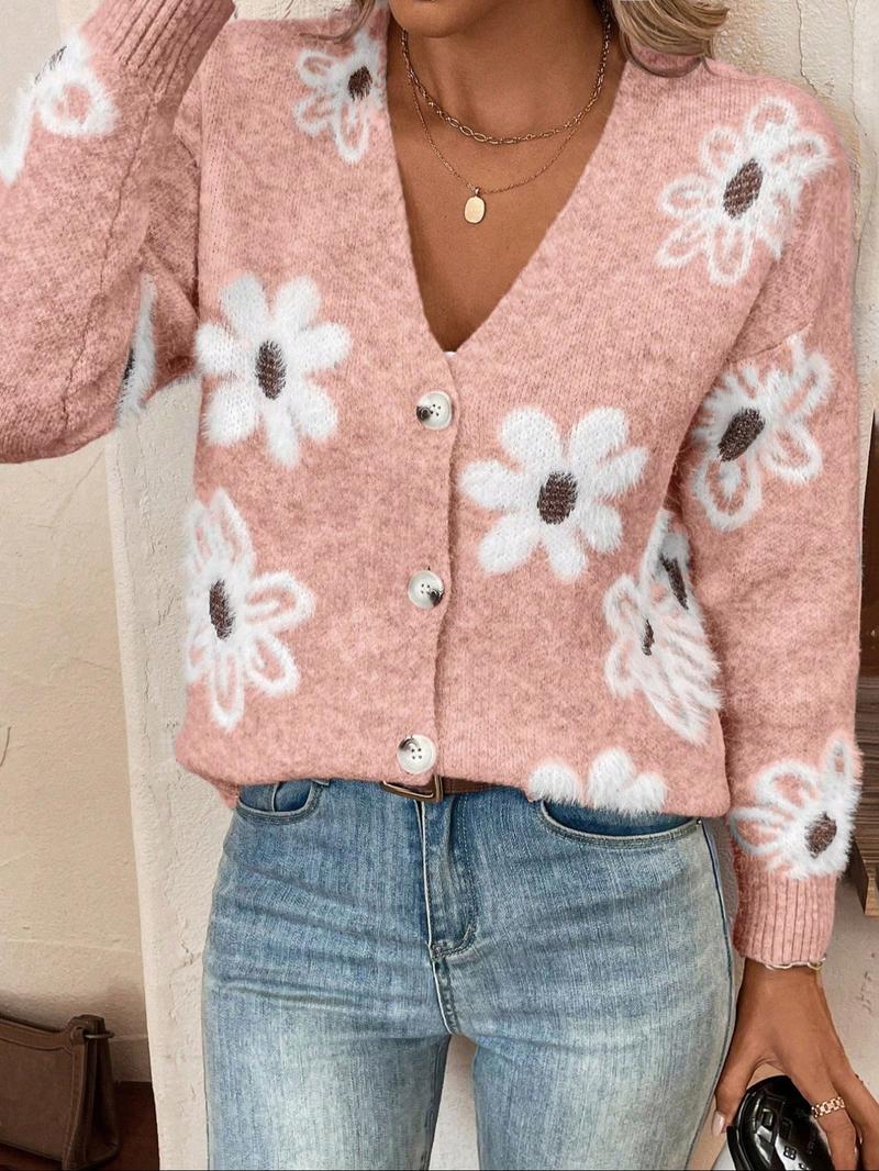 Plus Size Floral Print Button Front Cardigan, Casual Drop Shoulder  V Neck Knitwear for Fall & Winter, Women's Plus Clothing for Daily Wear