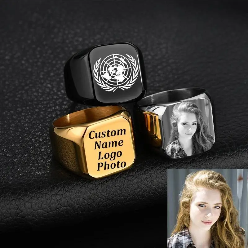 Unisex Stainless Steel Signet Ring, Personalized with Custom Engraved Photo, Logo, or Name - Square Engagement Gift