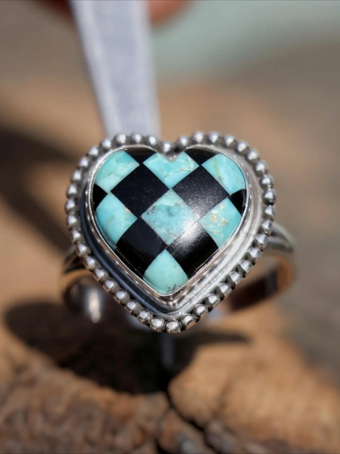 Unique Synthetic Checkered Heart Ring for Women Retro Boho Silvery Ring Party Jewelry Valentine's Day Anniversary Christmas Gift