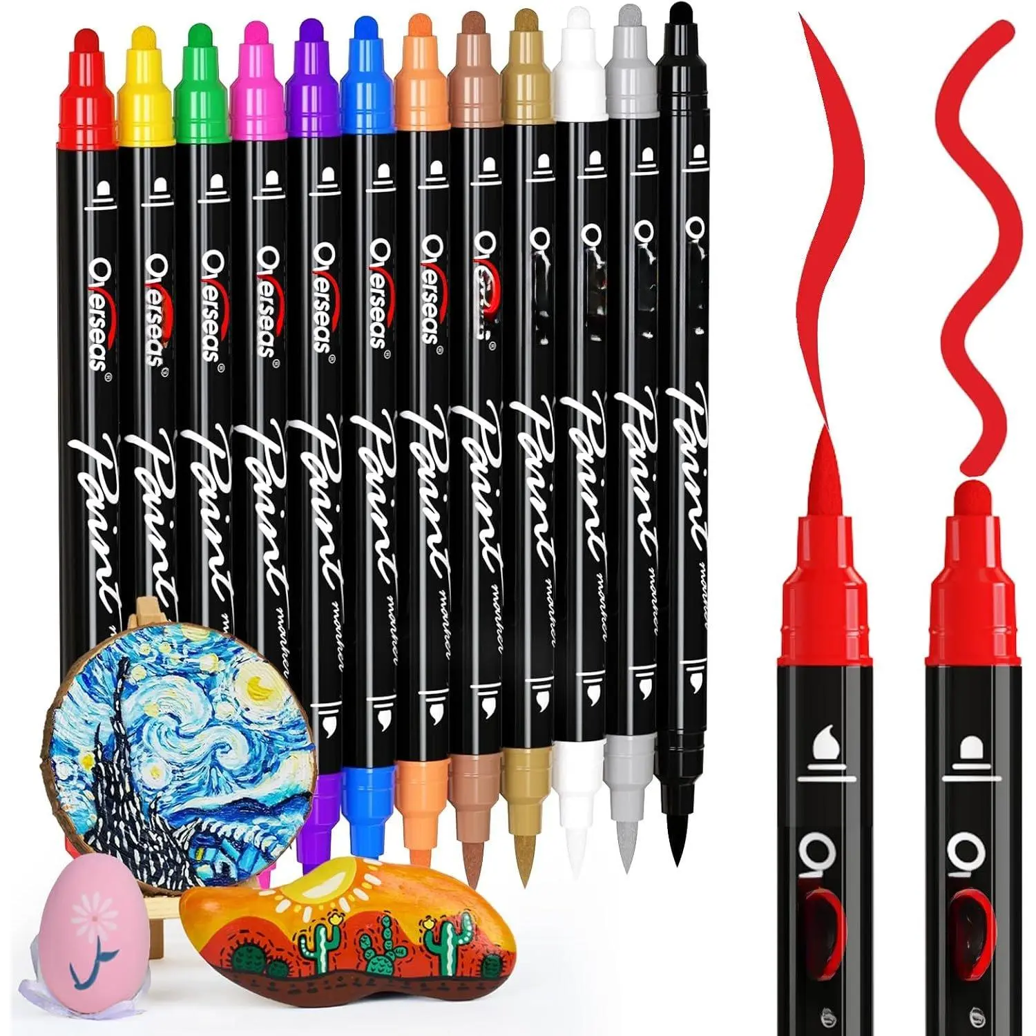12-Tip Dot & Brush Marker Pens, Water-Based Quick Dry No-Bleed Office Stationery for Fabric, Rock, Glass, Metal, Coloring Books