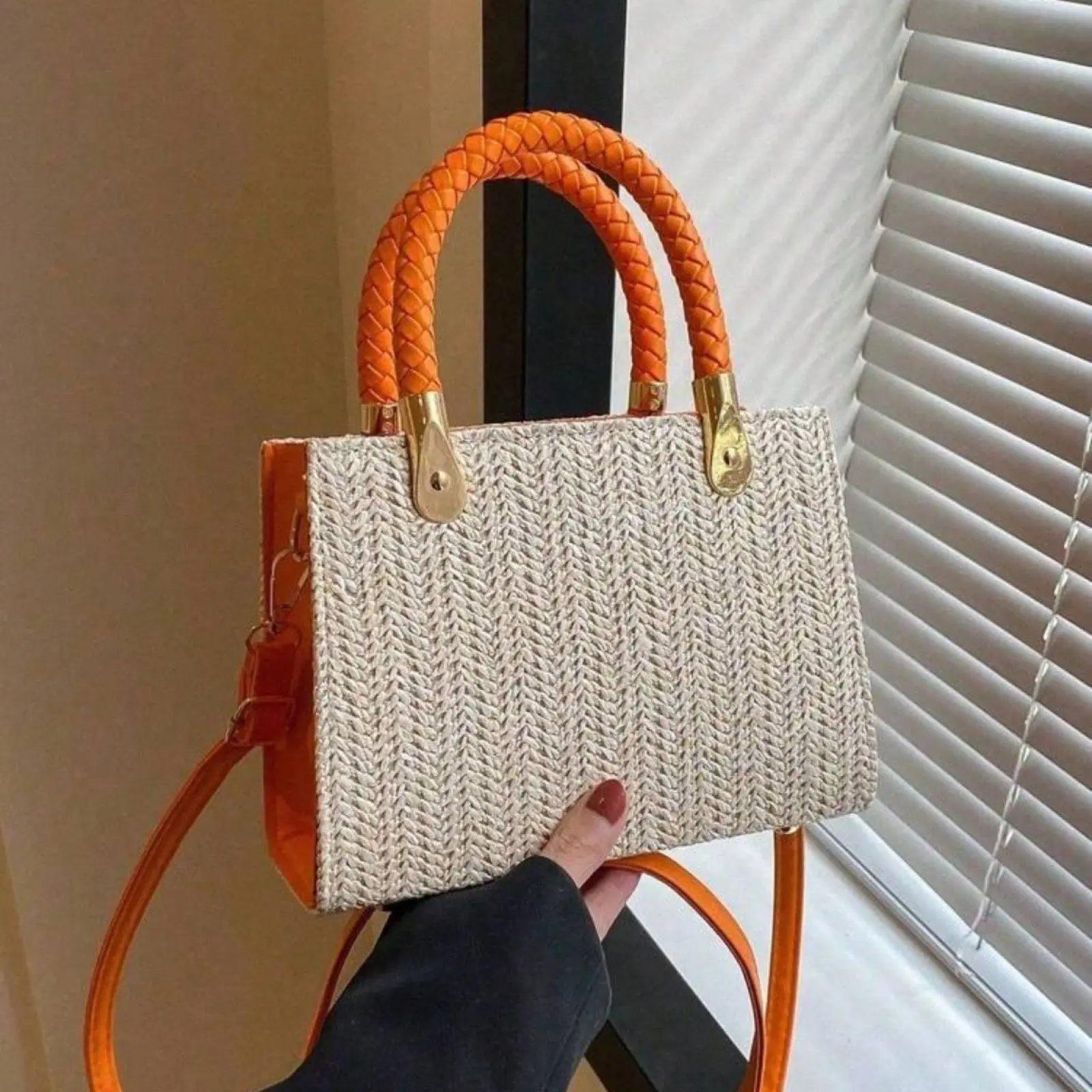 2026 New Summer Korean Style Colorblock Straw Versatile Handbag, Shoulder Bag & Crossbody Bag, Everyday Small Square Sling Bag, Suitable for Commuting Shopping Daily Use