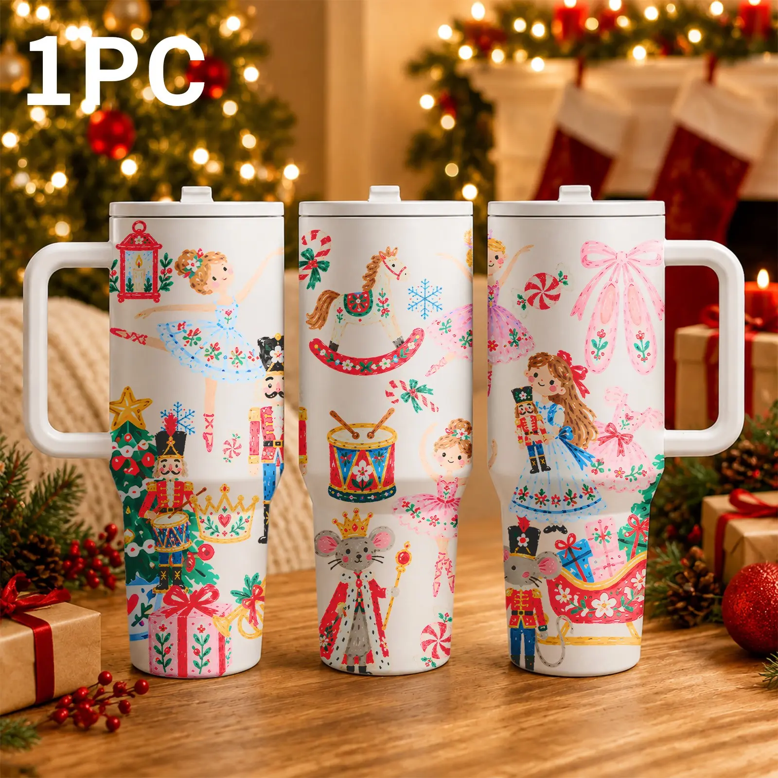 1PC 40oz Christmas Nutcracker Ballet Stainless Steel Tumbler with Handle & Straw, Double Wall Vacuum Insulated Travel Mug, BPA-Free Large Capacity Cup, Car Cup Holder Friendly, Cute Ballerina Holiday Gift for Women & Girls