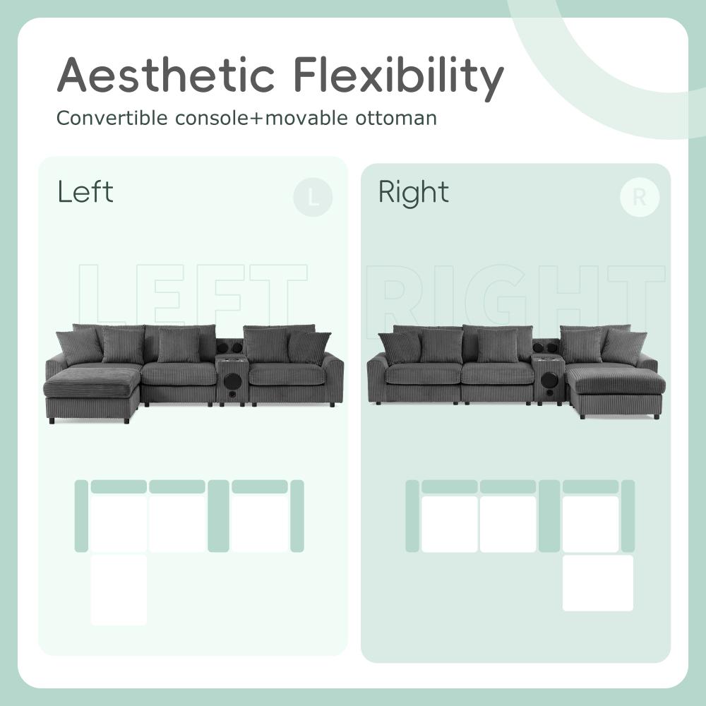 112'' Corduroy Sectional Sofa with Bluetooth Speakers, L-Shaped Couch with Console, USB Charger, Cup Holders, Storage, Ottoman, Deep and Wide Seat Cloud Sofa for Living Room & Apartment