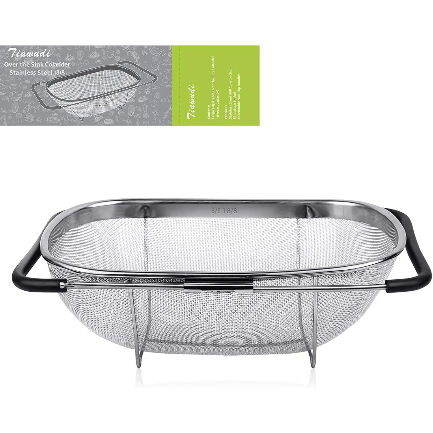 6-Quart Large Over The Sink Colander, Heavy Duty 40% Thicker 18/8 Stainless Steel Fine Mesh Strainer Basket with Expandable Rubber Grip Handles - Strain, Drain, Rinse Fruits, Vegetables