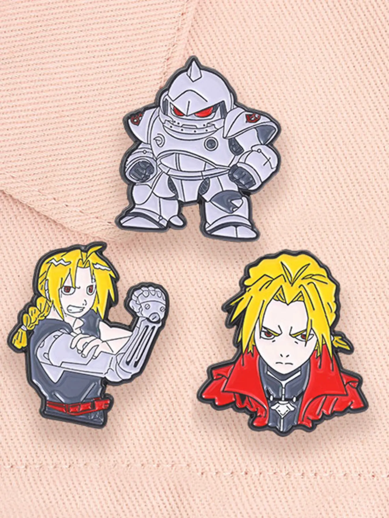 3-Piece Fullmetal Alchemist Enamel Brooch Set, Cartoon Anime Characters, Japanese Manga Mechanical Armor, Alloy Badge, Fashion Accessory, Enamel Lapel Pins