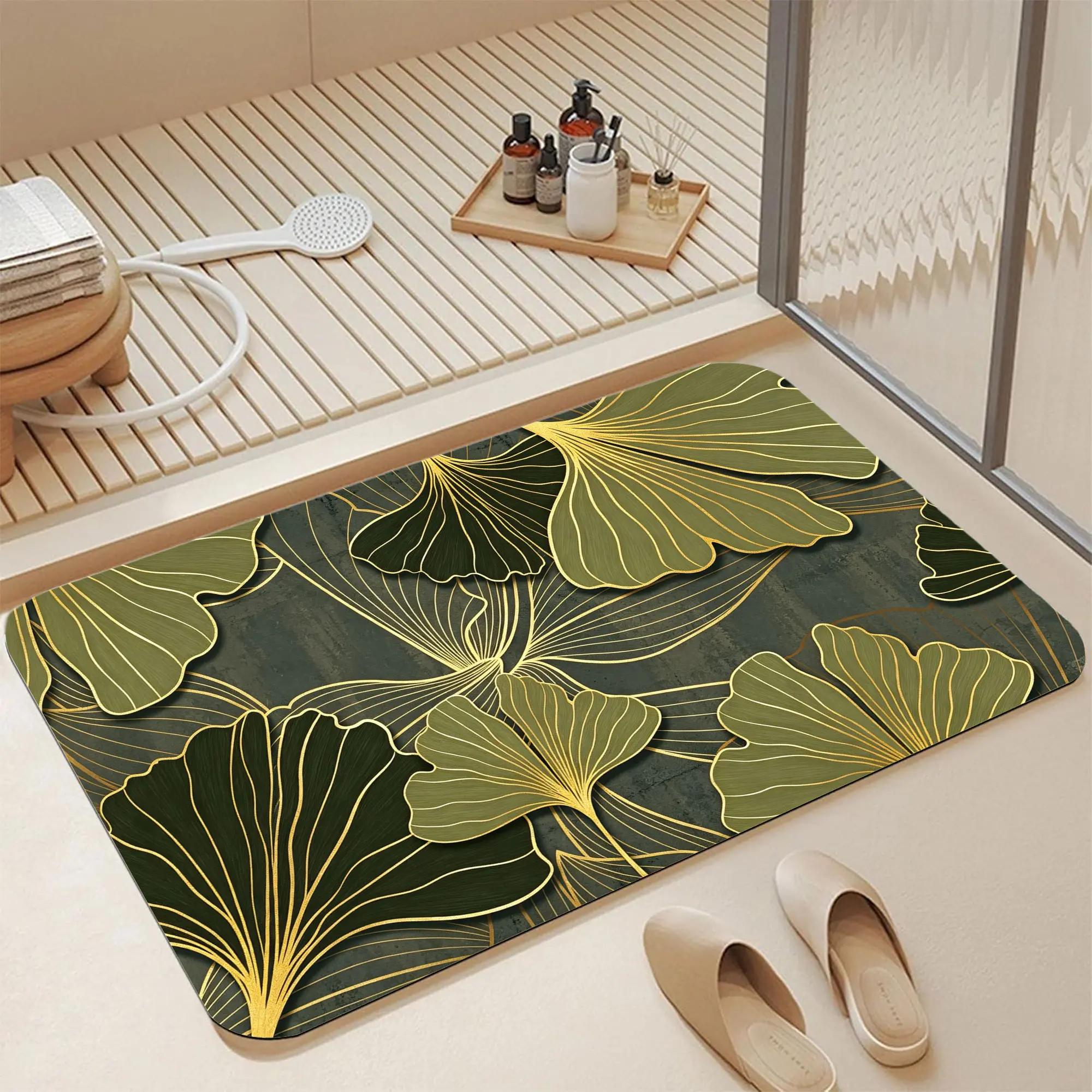 16*24 Inch Dark Green Gold Line Ginkgo Leaf Luxury Botanical Diatomaceous Earth Bath Mat, Super Absorbent Non Slip Quick Dry Washable Thin Floor Rug, Elegant Vintage Boho Plant Shower Entryway Decor Mat