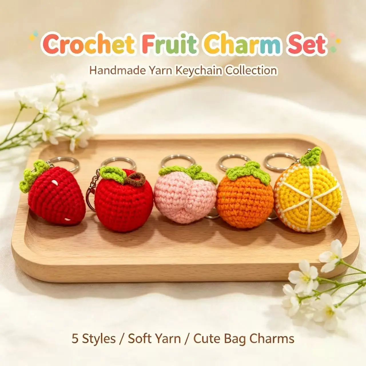 Handmade Crochet Fruit Keychains, Strawberry, Persimmon, Apple, Peach, Unique Handcrafted Decorative Accessories, Perfect Gift Idea