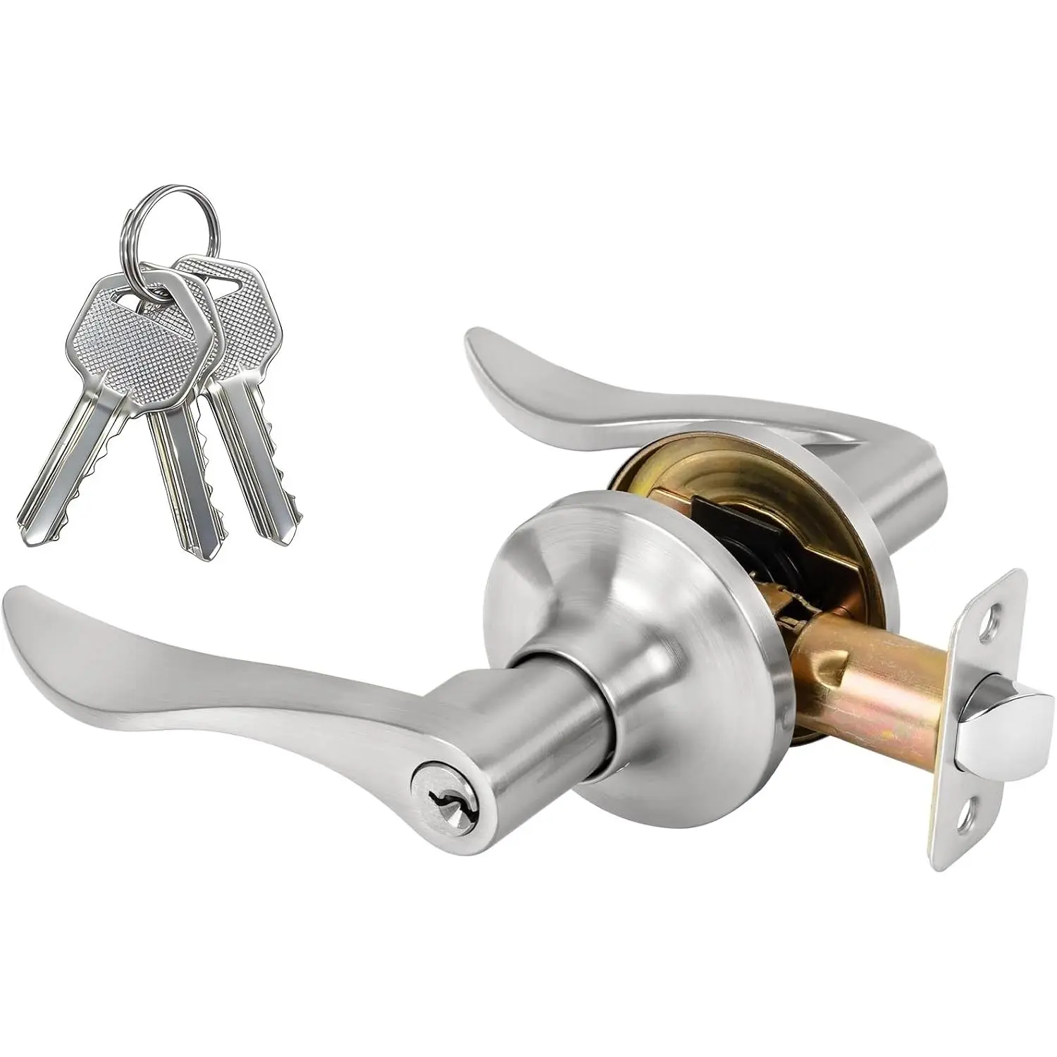 Keyed Entry Door Lever, Door Handle with Lock and Key, Exterior & Interior Door Handle for Bedroom, Wave Style Lever Satin Nickel, Reversible for Left/Right