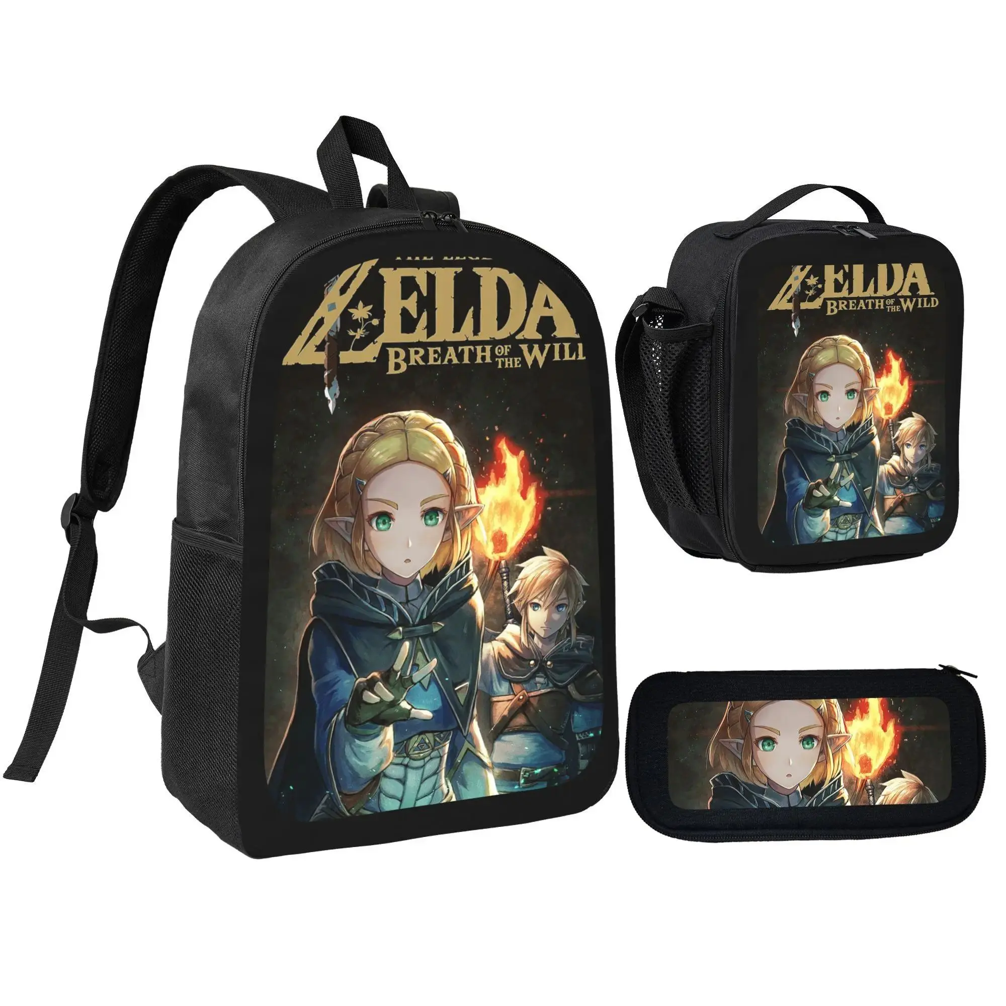 The Legend of Zelda Themed School Set - Backpack, Insulated Lunch Bag & Pencil Case Combo, Vibrant Fantasy Game-Inspired Design for Kids, Ideal for Back to School & Daily Use