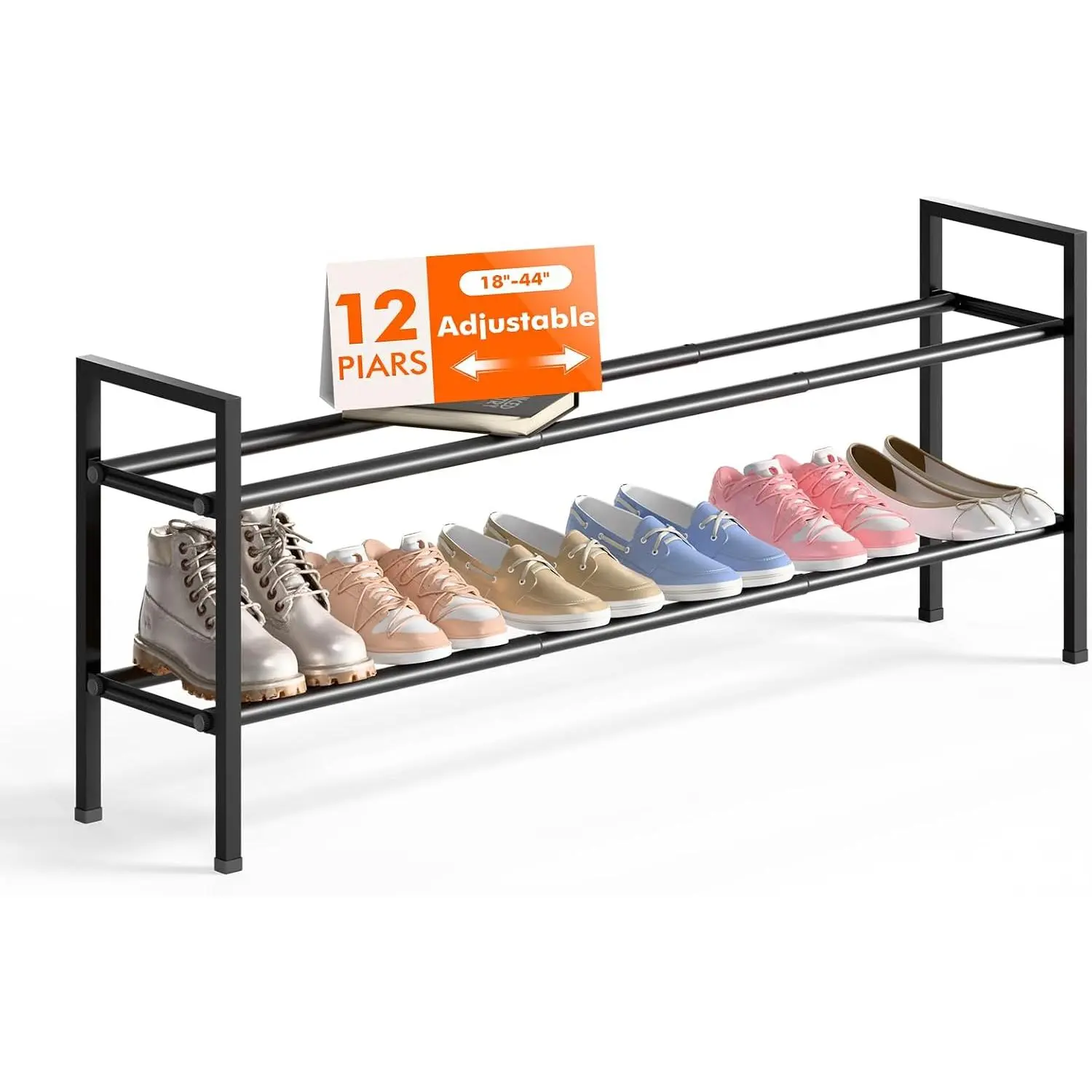 2 Tier Long Expandable Shoe Rack for Closet, Black | 18"-44" Adjustable Shoe Rack for Entryway, Shoe Organizer for Dorm, Front Door, Sturdy Metal