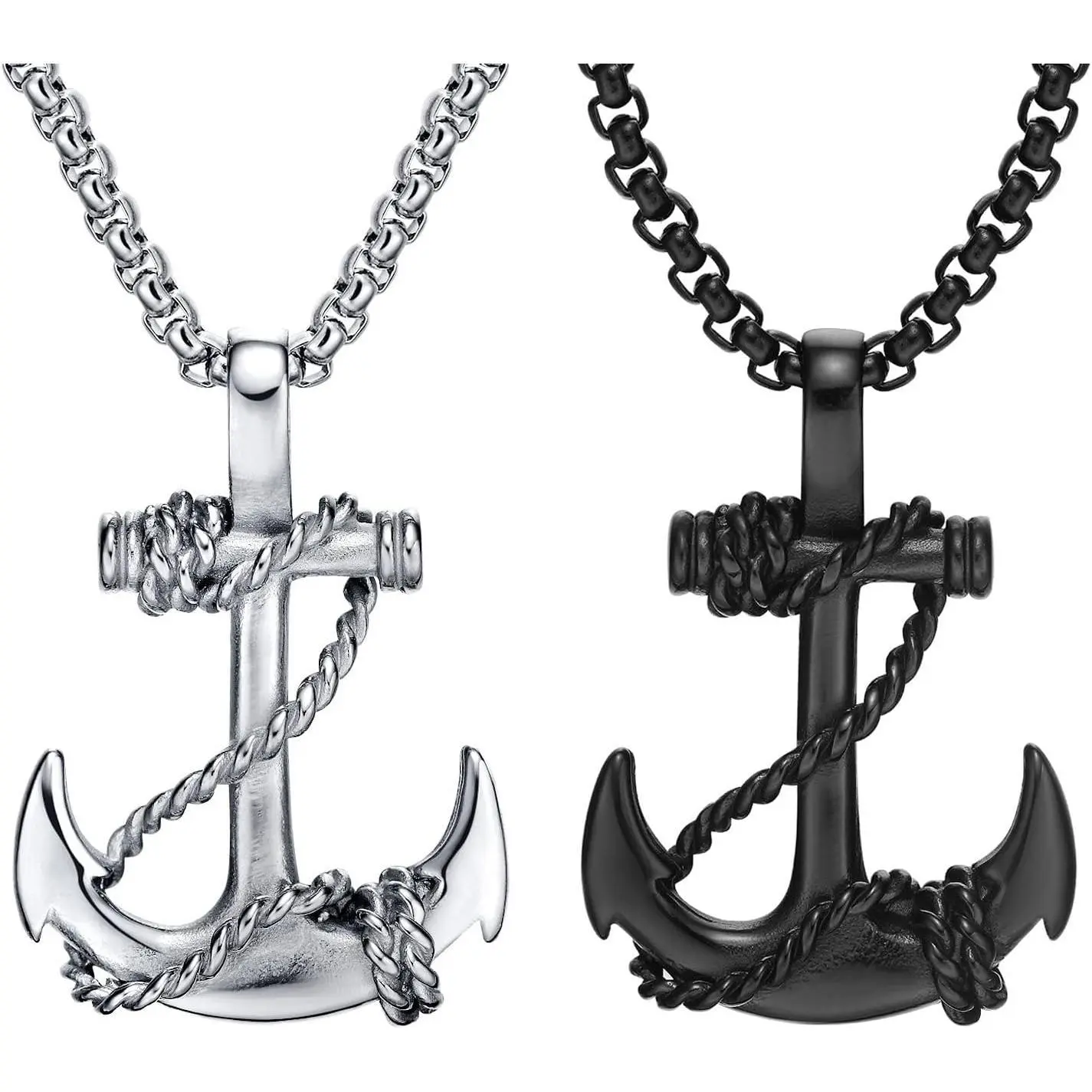 2 Pcs Anchor Necklace Vintage Navy Nautical Pirate Chain Necklace Cool Stainless Steel Pendant Necklace Goth Punk Rock Hip Hop Necklace for Men - Black Silver