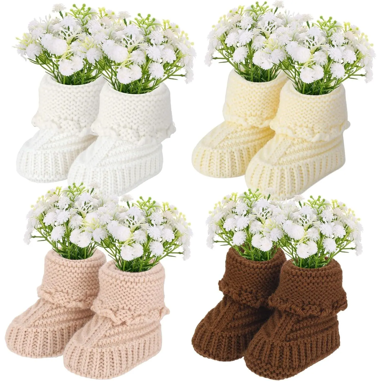4 Set Baby Shower Table Centerpieces Decorations Knitted Mini Baby Booties with Artificial Flowers Bouquet Boho Table Centerpieces for Baby Shower Gender Reveal Party Decorations (Classic)