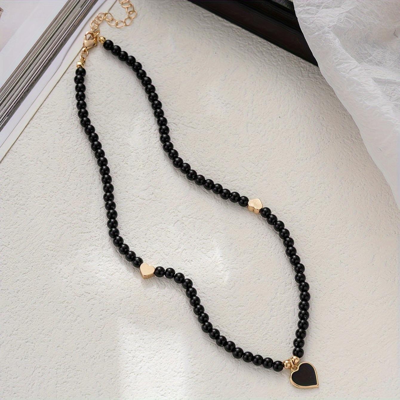 [1pc Handmade Bead Necklace] 1pc Handmade Black Bead Necklace with Golden-Tone Heart Pendant |     Bohemian Elegant Jewelry for Women, Party Festival Vacation Accessories, Year-Round Wear, Everyday Accessory, Stylish Accessory, Fine Craftsmanship,