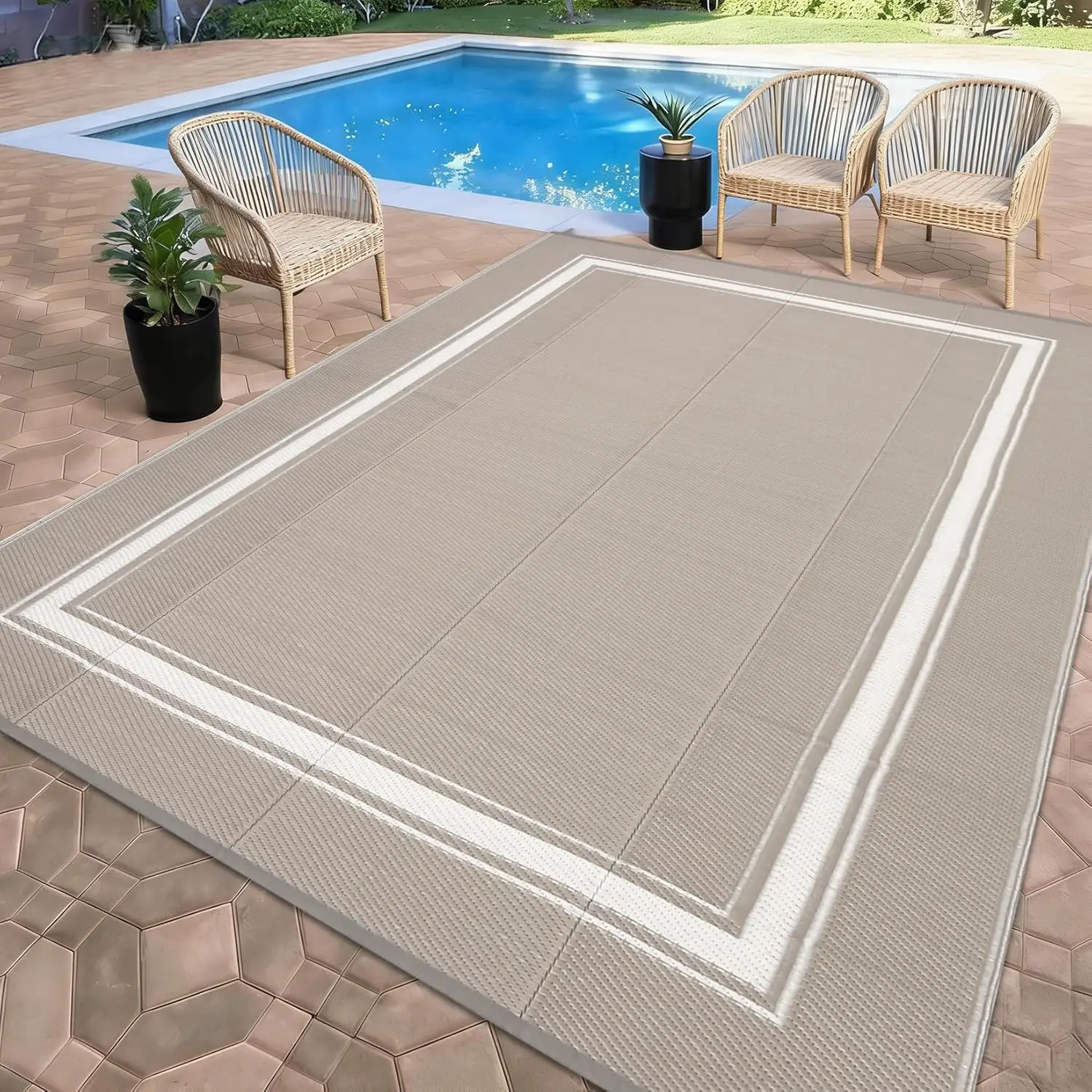 Waterproof Outdoor Rug Border Reversible Plastic Straw Patio Camping Rugs, Outdoor Indoor RV Mat Carpet for Patio, Outside Entry, Backyard, Deck, Bench, Picnic, Camper
