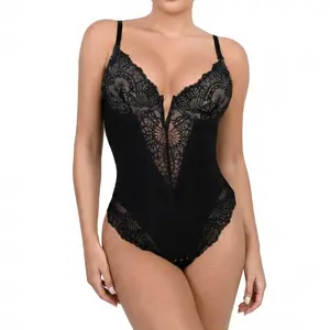 Women's Lace Bodysuit Sexy Deep V Neck Floral Mesh Lingerie Top Elegant Sleeveless One Piece Jumpsuit Shapewear with Adjustable Spaghetti Straps and Snap Crotch for Party Clubwear Night Out